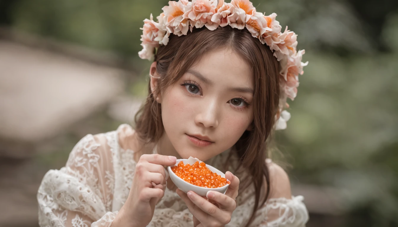 Photo, The girls、japanse, Clothing product samples, Girl scooping goldfish, colored contacts in her eyes, Full body , In summer
