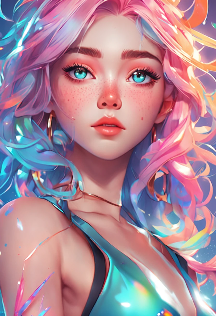 ((ultra detailed)),((Bright eyes)), (Detailed eyes) , 8k, blink blink, (The Little Faux Freckles Makeupgirl), ((realistic skin)), ((focus detailed 2 straps on the shoulders of dress)) , ((shiny facial skin)), with colorful hair and a colorful dress, rossdraws pastel vibrant, rossdraws cartoon vibrant, style anime 8k, beautiful portrait, artgerm colorful!!!, ! dream artgerm, beautiful anime girl, styled digital art, art wallpaper 8k, digital art, extremely detailed artgerm,