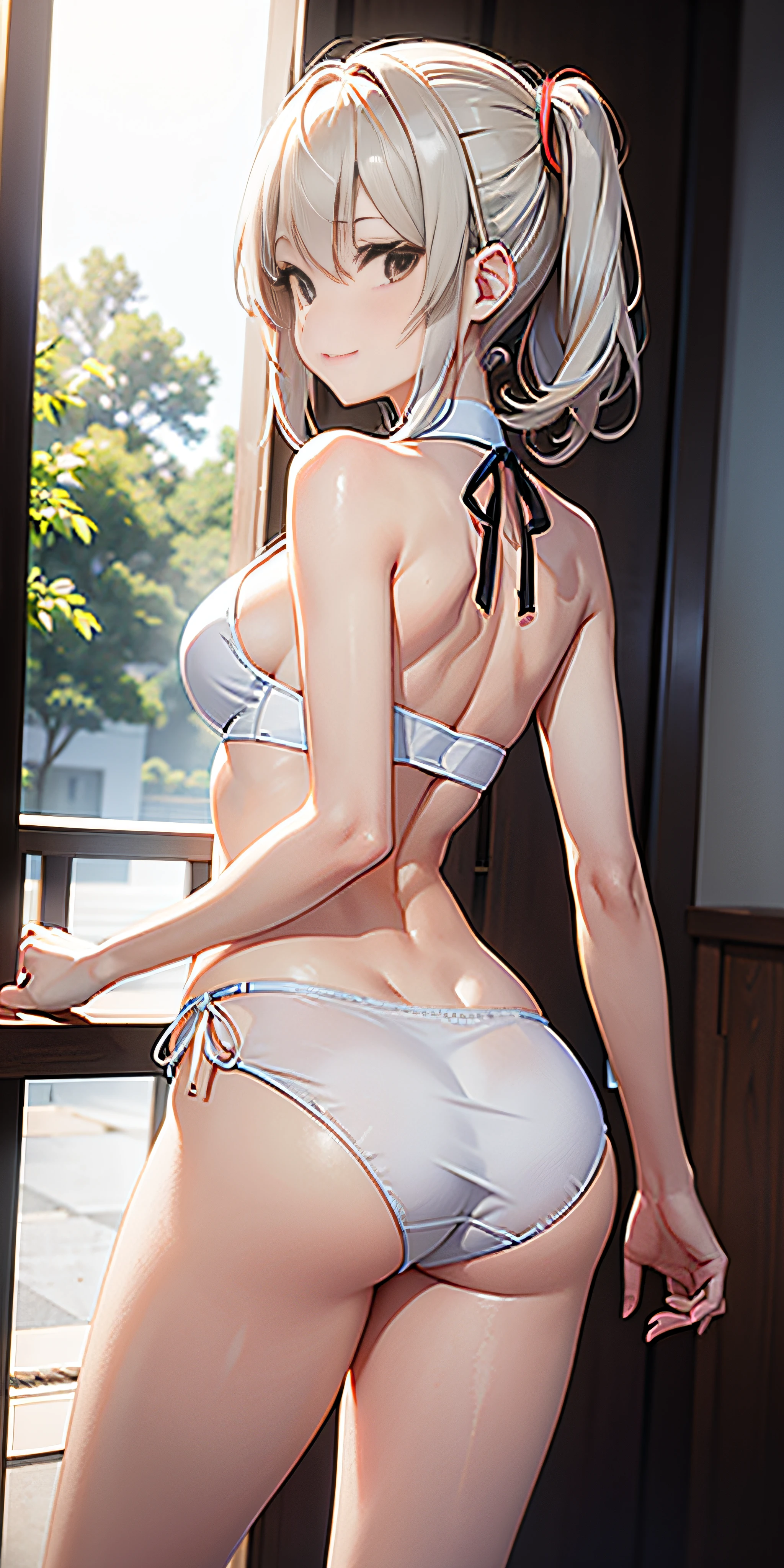 "Anime 2D, solo 1 mujer, 16-year-old Swedish anime woman, ((tube top blanco con corbata roja)), ((mini falda corta de 10 cm de largo plizada)), face symmetrical, Slim build with perfect body, Vista de cuerpo completo, Seductora profesional, sonrisa o sacando la lengua, agente secreta, Rear side solar lighting, Canon EOS 50mm camera"