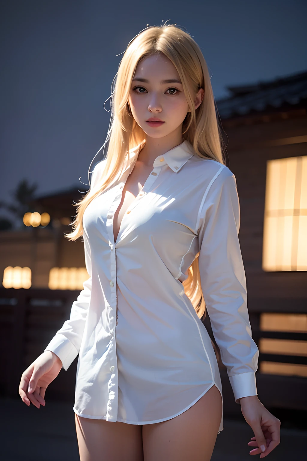 best qualtiy,tmasterpiece,超高分辨率,(realisticlying:1.4),RAW photogr,1girll,long whitr hair,Golden hair,Detailed eyes and face,Open shirt,动态照明,in the darkness nigth,deep shading,low tune,Cowboy shooting