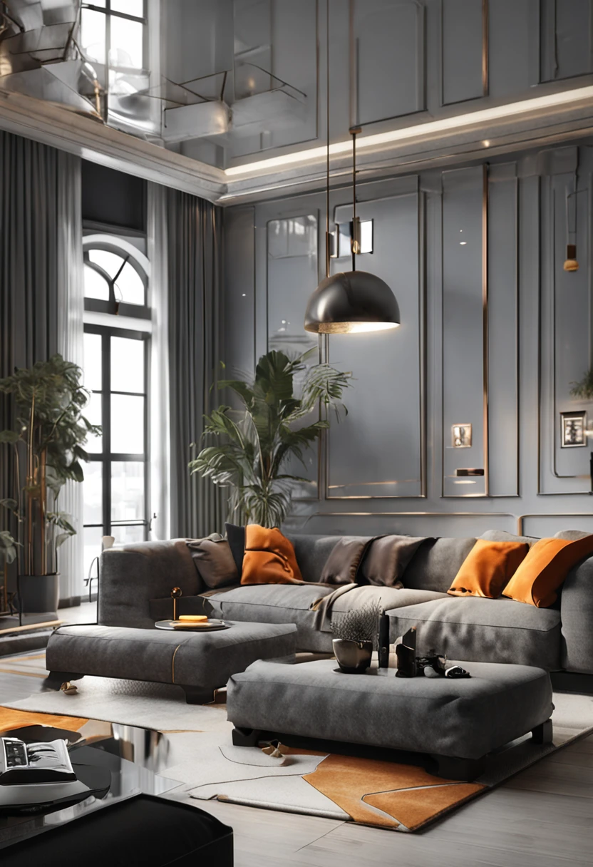 Premium gray，high-class，A beautiful living room，Fashionab，Simple and modern，Ambient