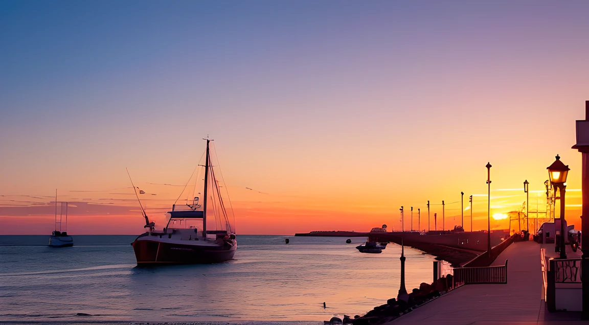 sunset, calm waves, horizon, harbor, ships, buildings, silhouettes, vibrant colors, tranquility, reflection, water, seagulls, boats, warm hues, evening, shadows, masts, glowing, coastal, lighthouse, atmosphere, pier, sailboats, ripples, sky, coastline, twilight, clouds, peaceful, coastal town