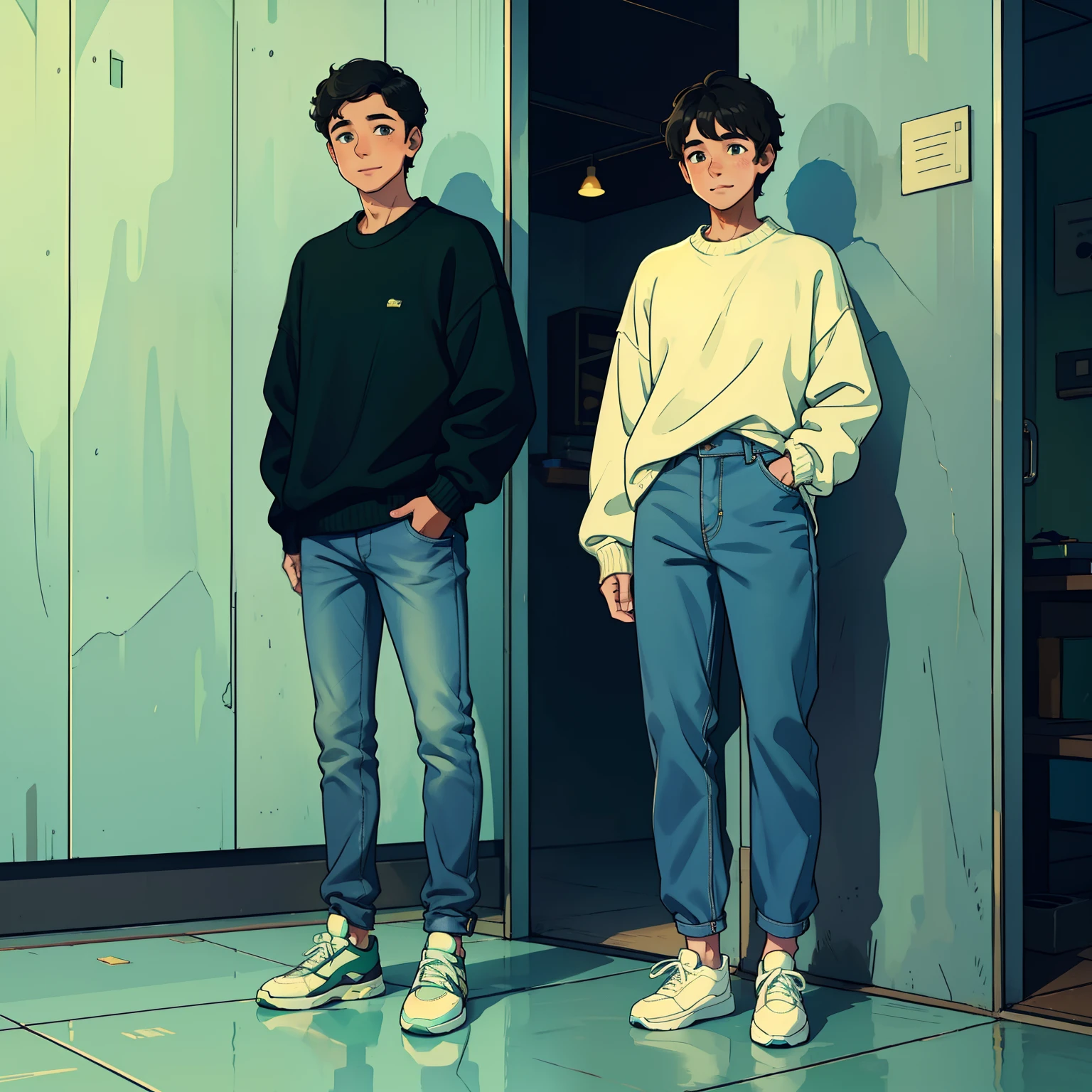 A young man with wavy short black hair and green, gentle smile with rosy cheeks, pretty man, standing, full body, wearing oversized sweater and soft blue jeans with sneakers