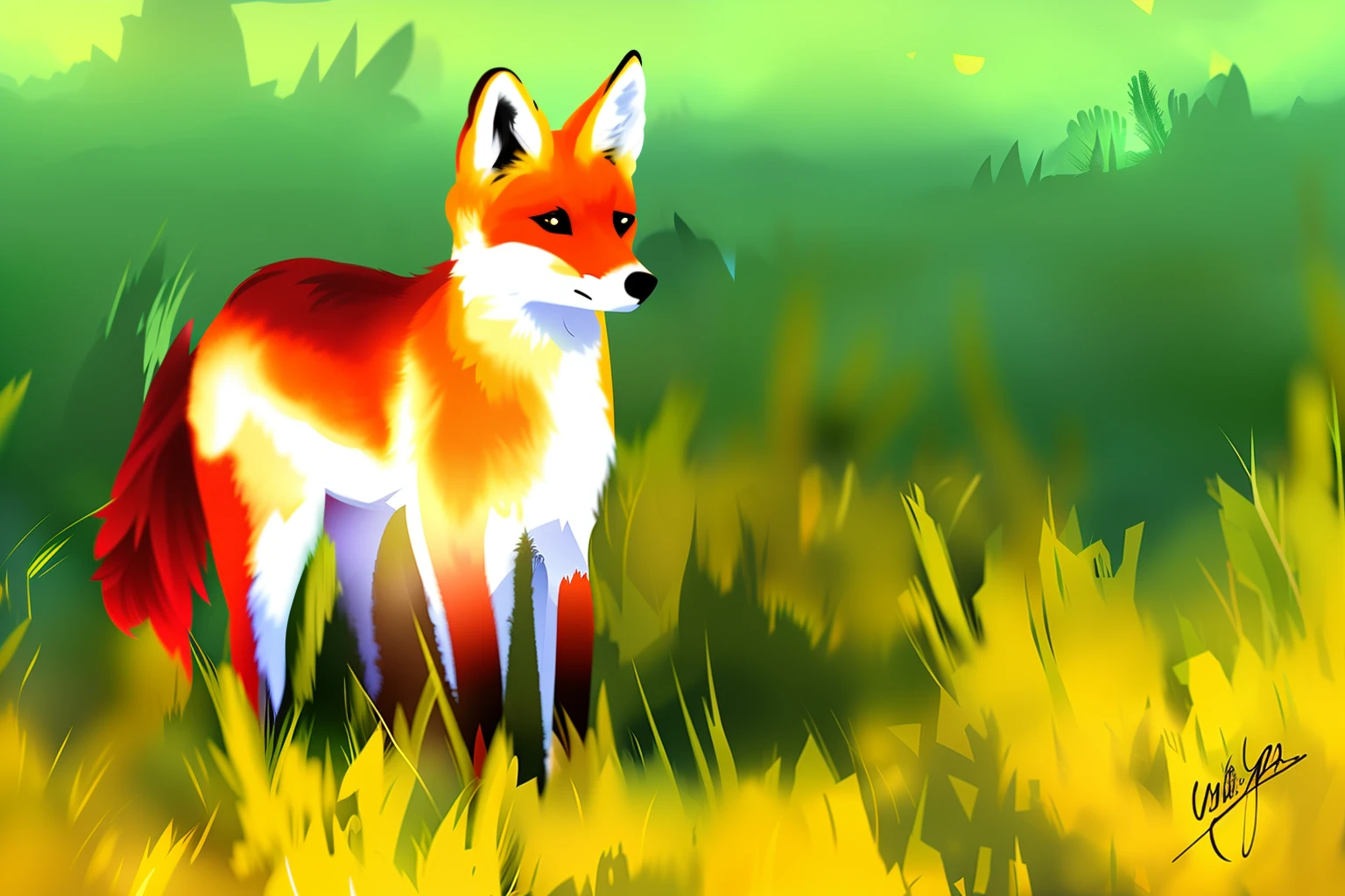 Draw a small animal standing on the grass, It was a fox standing on the grass,four legged,Black tail,The is facing the screen,Epic graphics,4K,Realistic,painting illustration, Jackal, sharp digital painting, digital painted, painted in high resolution, A digital painting, wildlife illustration, expressive digital painting, digitial painting, in style of digital painting