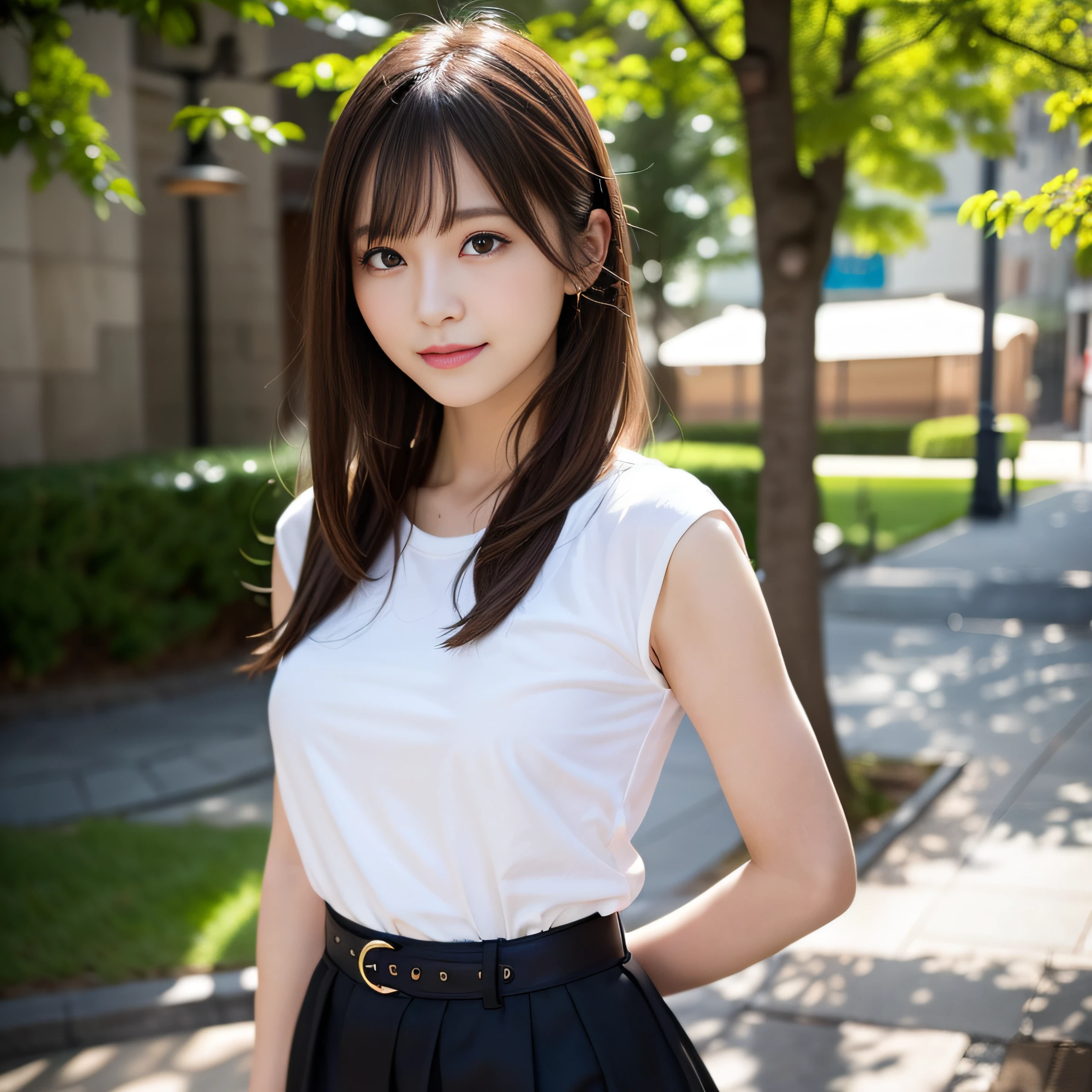 in 8K,Best Quality:1.4, 超A high resolution:1.5, (Photorealistic:1.4),​masterpiece:1.2,(top-quality:1.4)、 Raw photo、(the background is blurred), Park on a hill with a good view:1.4、blue-sky、lawn、FULL BODYSHOT:1.8、 1日本人の女の子, Cute, (Solo), (Shy smile), Smooth skin、(30-years old:1.2)、ＴThe shirt、to stand、Check miniskirt、Cute mini skirt、beauty legs、Slender feet、 (Brown medium hair,Bangs), (touch hair:1.4)、nogizaka、cute little、Supple fingertips,Beautiful black eyes、natural skin textures:1.3, realistic eyes and face details:1.7、middlebreasts、gazing at viewer、gravure
