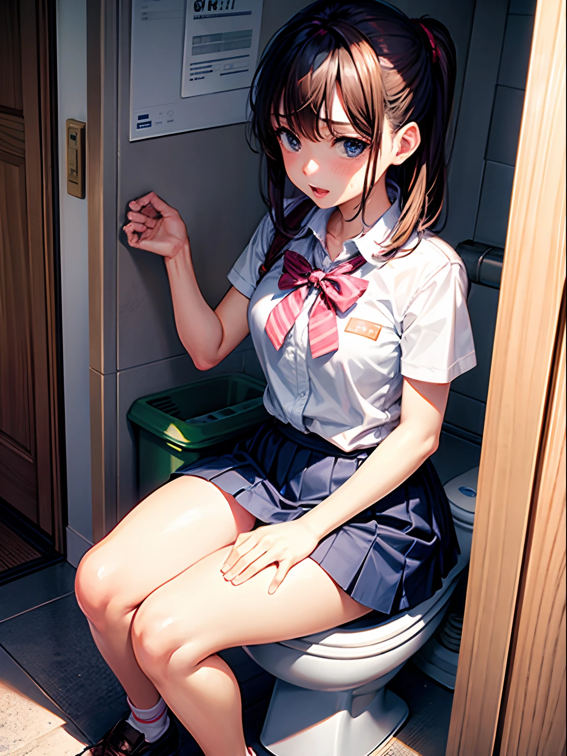 On the toilet stood a woman in a white dress, the anime girl is crouching, Surrealism female students, beautiful anime girl crouching, photo of slim girl, gorgeous chinese models, the toilet is shiny, Surrealism female students, in bathroom, in bathroom, Sexy girl, young and cute girl, Korean girl，JK clothing，Bare ass，pantyless，Wearing glasses