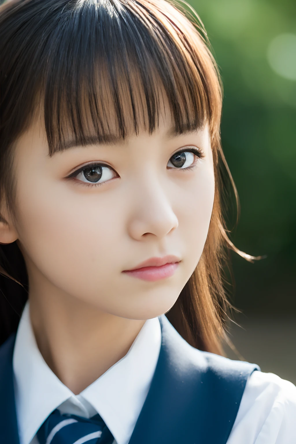 Lens 135mm f1.8,(Best Quality),(8K High Quality Masterpiece:1.1), (Beautiful teenage Japan girl),  cute  face,  (Look at another one),
(close-up:1.4),  Short ponytail,
Dappled sunlight, Dramatic Lighting, (Japan school uniform), (in a school),