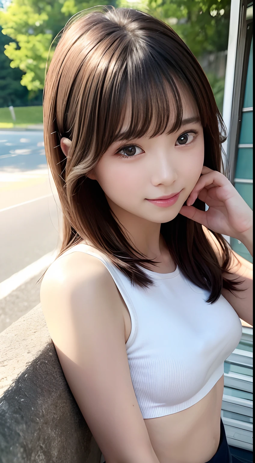 (Raw photography:1.2)、top-quality、Detailed beauty、Beautuful Women、The most beautiful women in the world、Beautiful sharp face、面長、21years old、A smile、Happy smile、Light brown hair、Fluffy and voluminous hair、extra detailed face、beatiful detailed eyes、eye line、Nasal nose、a small face、small tits、tiny chest、Natural sunlight、depth of fields、Blurry background、hight resolution、8k wallpaper、finely detail、Very detailed 8k wallpaper、电影灯光、sexy pose、(photorealisim:1.4)、super detailing、masterpiece、croptop、Small T-shirt、hotpants、shot from a side angle、Road by the sea、lean against the wall、