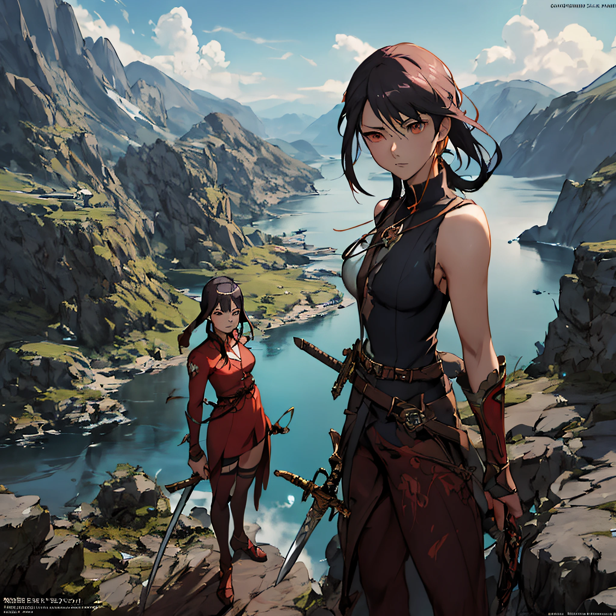 Anime – image in the style of a woman with a sword standing on a cliff overlooking the lake, cushart krenz key art feminine, artgerm and atey ghailan, 2. 5 d cgi anime fantasy artwork, epic fantasy digital art style, digital 2d fantasy art, epic fantasy art style, Detailed Digital Anime Art, detailed digital 2d fantasy art