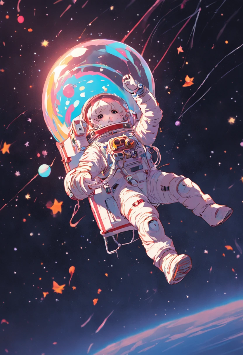 hyper detailed cat astronaut holding a balloon, flying through outter space, black background happy, joyful, floating in outer space, 3d, 8k, pop art effect, brilliant detail, black background, hex code colors 5ABCB9, 63E2C6, FB6376, 613F75, 0C6291