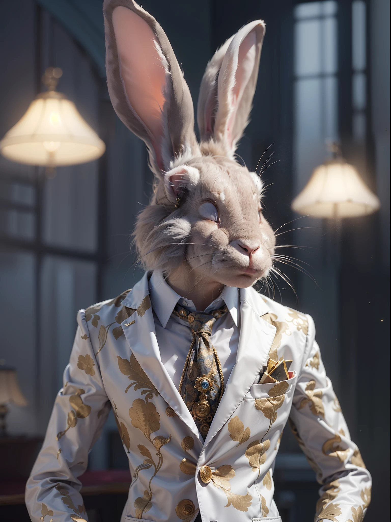 (Rabbit in luxury business suit、Upright rabbit like a fashion model、Humanoid rabbits、Full body photo、Cool anthropomorphic rabbit with long legs)、masterpiece, top-quality, in 8K , intricate detailes, ultra-detailliert , light Particle、32K Digital Paint, Hyper-Realism, No background