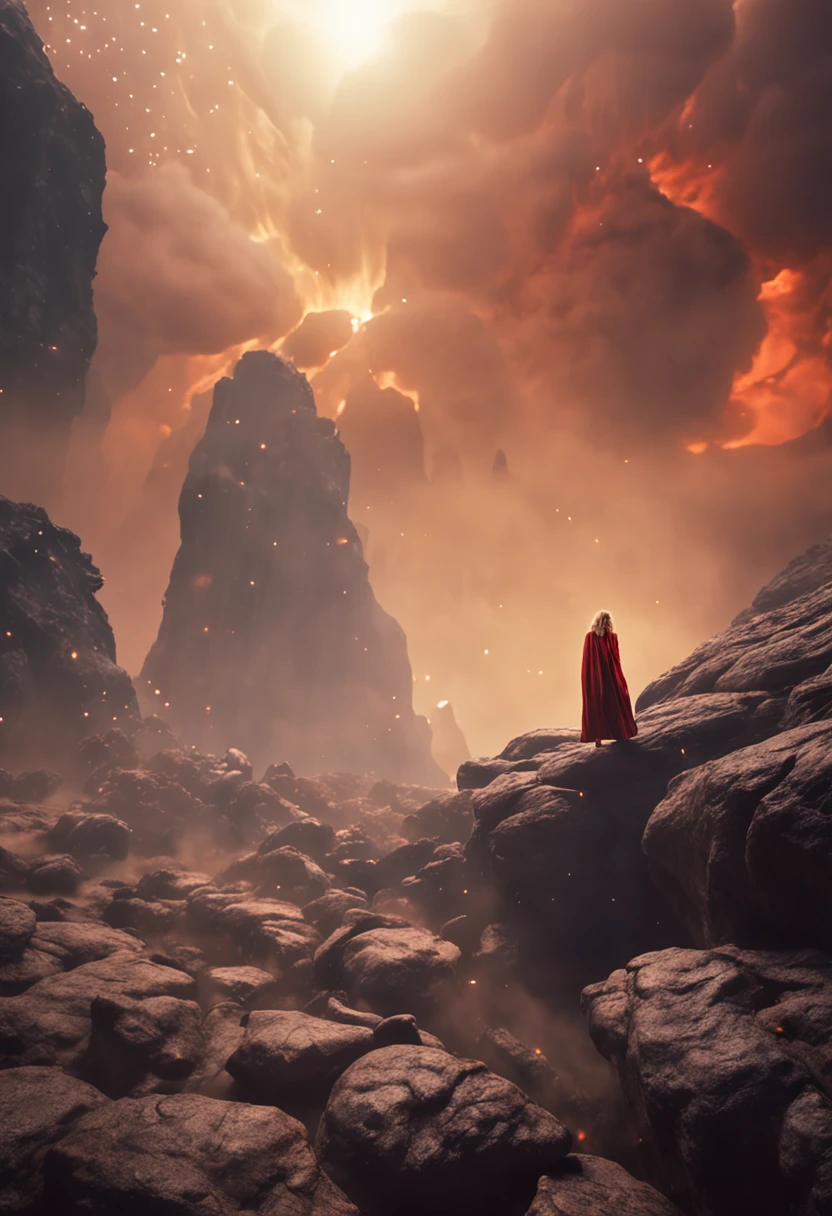 female barefoot summoner levitating with blonde hair robes and cape arms lifted up over a broken earth bright lava light from below asteroid field (jagged rocks boulders and debris shooting into the air:1.3) (windy dust debris storm:1.1) volumetric fog mist ray tracing z pass bright light from below, (masterpiece) (best quality) (detailed) (8k) (cinematic lighting) (sharp focus) (intricate)