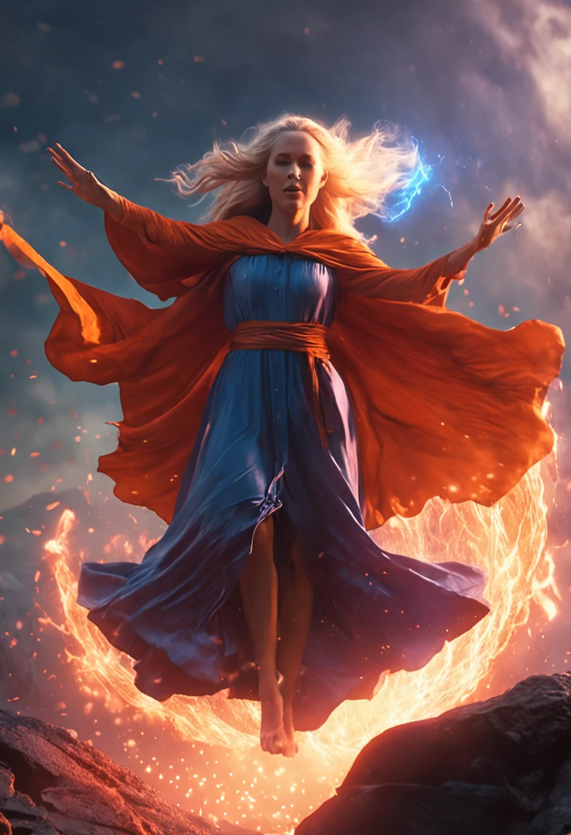 female barefoot summoner levitating with blonde hair robes and cape arms lifted up over a broken earth bright lava light from below asteroid field (jagged rocks boulders and debris shooting into the air:1.3) (windy dust debris storm:1.1) volumetric fog mist ray tracing z pass bright light from below, (masterpiece) (best quality) (detailed) (8k) (cinematic lighting) (sharp focus) (intricate)