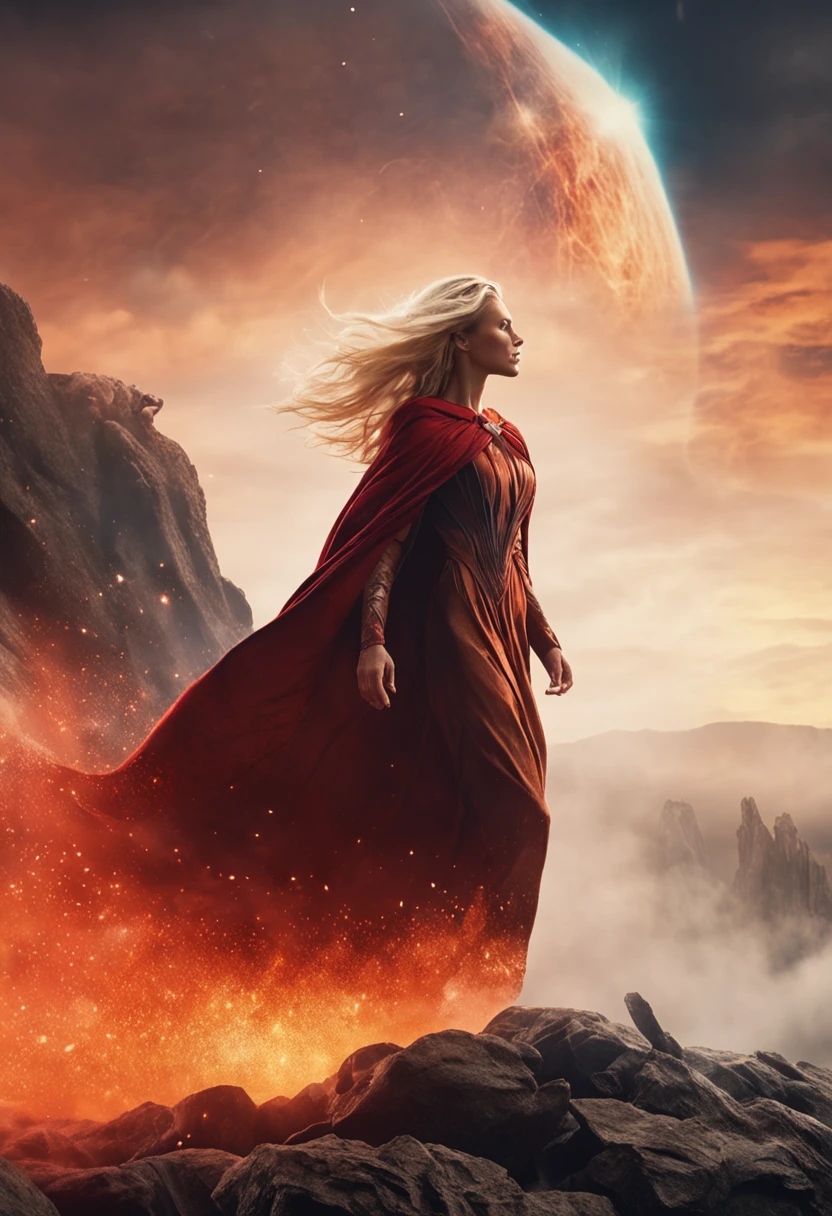 female barefoot summoner levitating with blonde hair robes and cape arms lifted up over a broken earth bright lava light from below asteroid field (jagged rocks boulders and debris shooting into the air:1.3) (windy dust debris storm:1.1) volumetric fog mist ray tracing z pass bright light from below, (masterpiece) (best quality) (detailed) (8k) (cinematic lighting) (sharp focus) (intricate)