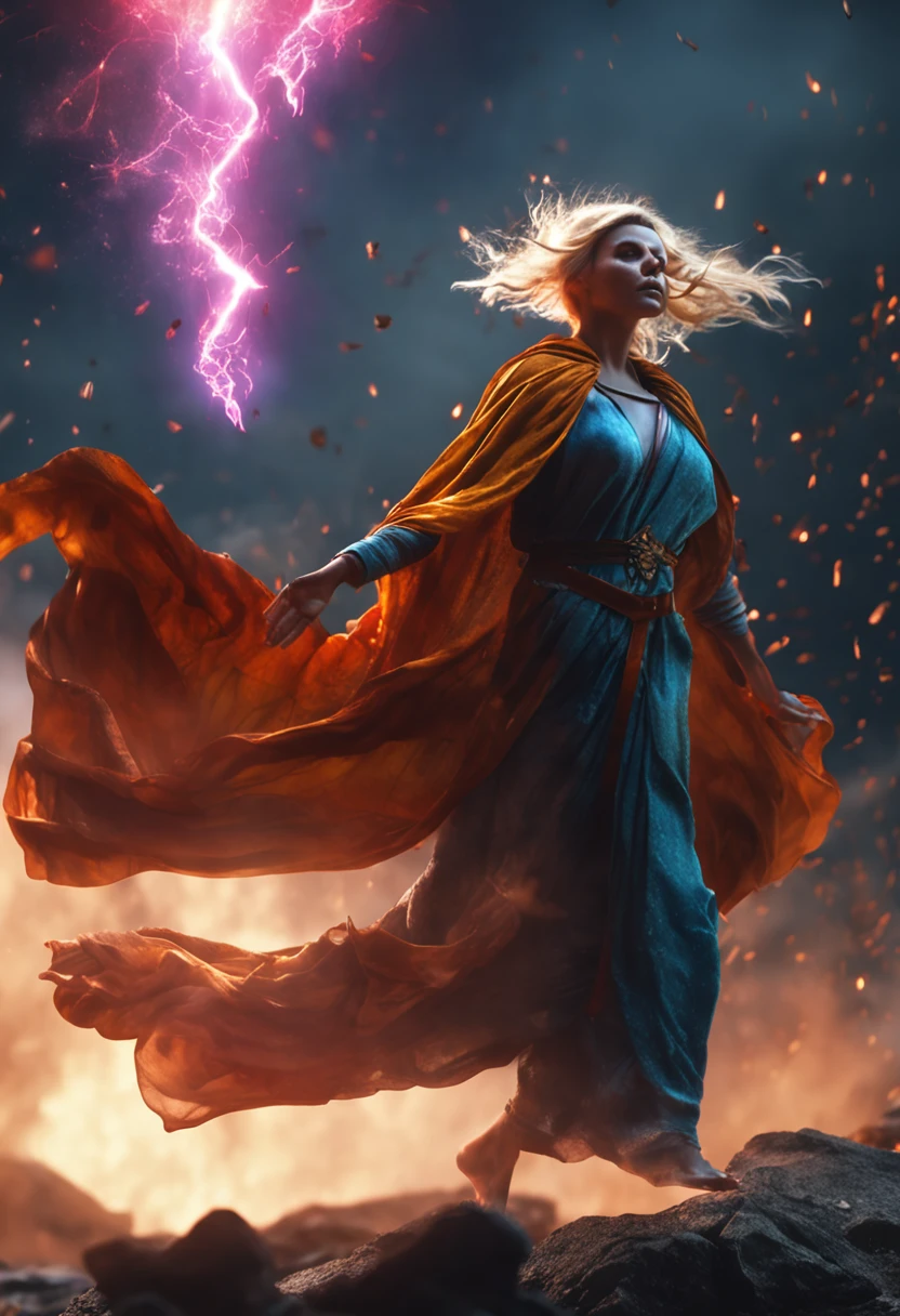 female barefoot summoner levitating with blonde hair robes and cape arms lifted up over a broken earth bright lava light from below asteroid field (jagged rocks boulders and debris shooting into the air:1.3) (windy dust debris storm:1.1) volumetric fog mist ray tracing z pass bright light from below, (masterpiece) (best quality) (detailed) (8k) (cinematic lighting) (sharp focus) (intricate)