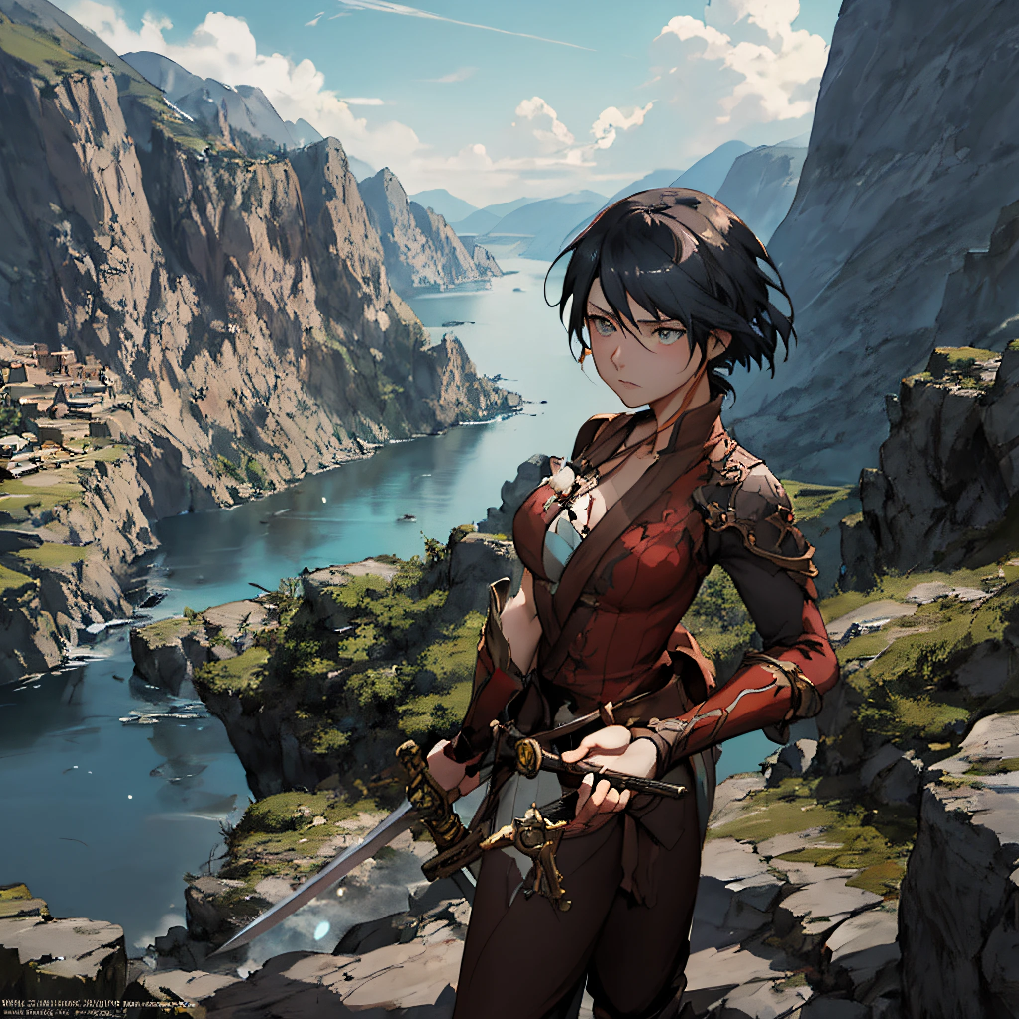 Anime – image in the style of a woman with a sword standing on a cliff overlooking the lake, cushart krenz key art feminine, artgerm and atey ghailan, 2. 5 d cgi anime fantasy artwork, epic fantasy digital art style, digital 2d fantasy art, epic fantasy art style, Detailed Digital Anime Art, detailed digital 2d fantasy art