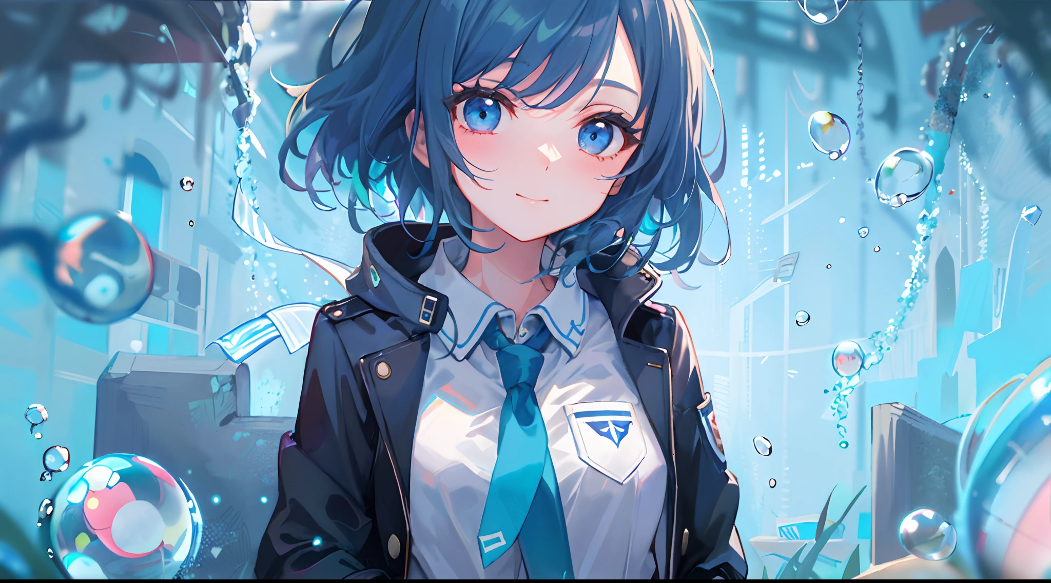 ((top-quality)), ((masterpiece)), ((ultra-detailliert)), (extremely delicate and beautiful), girl with, 独奏, cold attitude,((Black jacket)),She is very(relax)with the(Settled down)Looks,A dark-haired, depth of fields,evil smile,Bubble, under the water, Air bubble,bright light blue eyes,Inner color with light blue hair and dark blue tips,Cold background,Bob Hair - Linear Art, shortpants、knee high socks、White uniform like school uniform、Light blue ribbon ties、Clothes are sheer、Hands in pockets