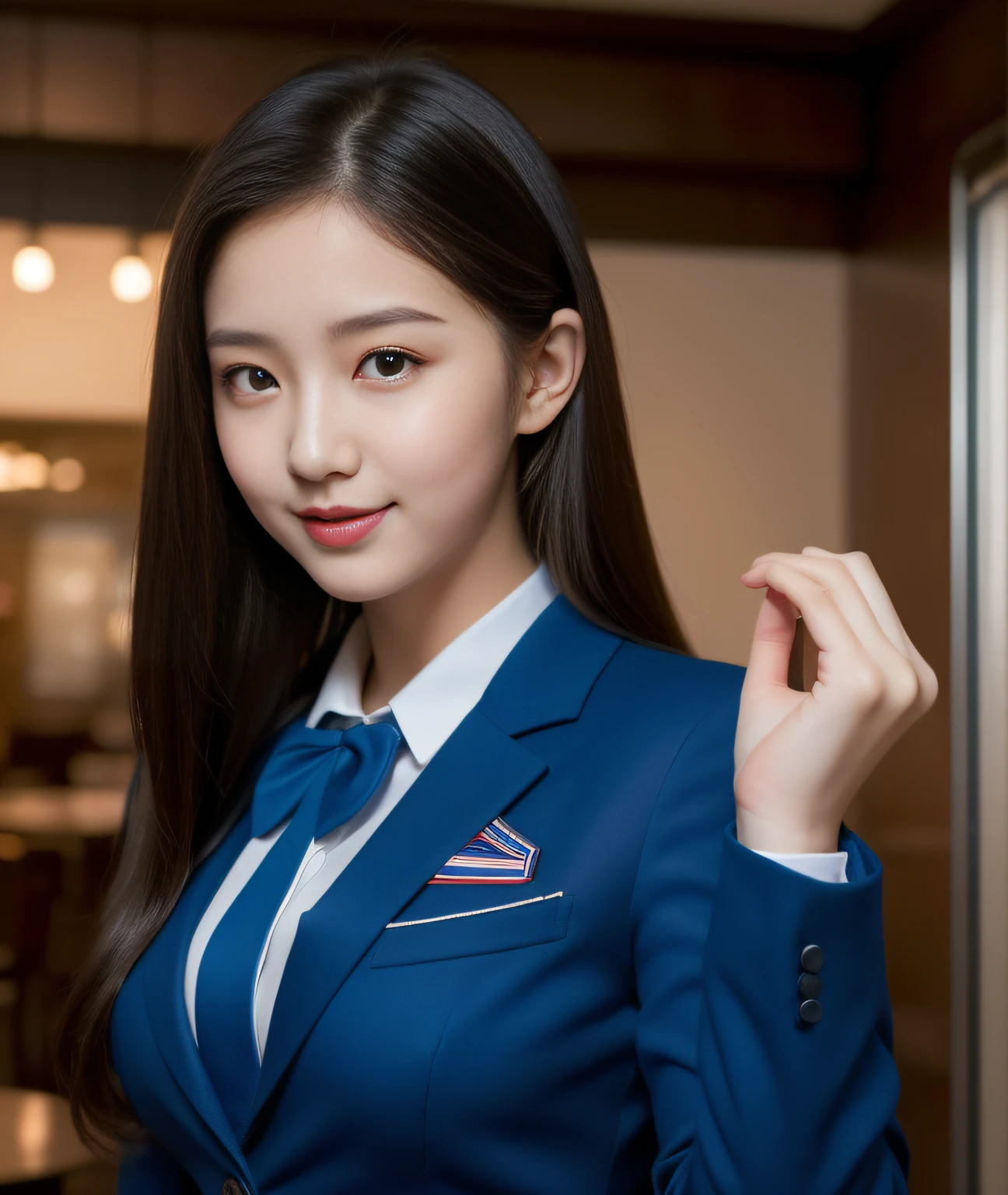 ((Best Quality, 8K, Masterpiece: 1.3)), a beauti, In addition, melon face, Friendly and cute, sweet smile, Pure desire, Slender body, (s whole body), (tilted head), ((looking at camera)), Medium Black Silky Straight Hair, Long flowing shoulders, round black big eyes, clear big eyes, moist red lips, Cafe shop background, ((full body shooting)), (Blue Blazer, bows, Sock, High School Uniform: 1.2, ), (Large breasts)