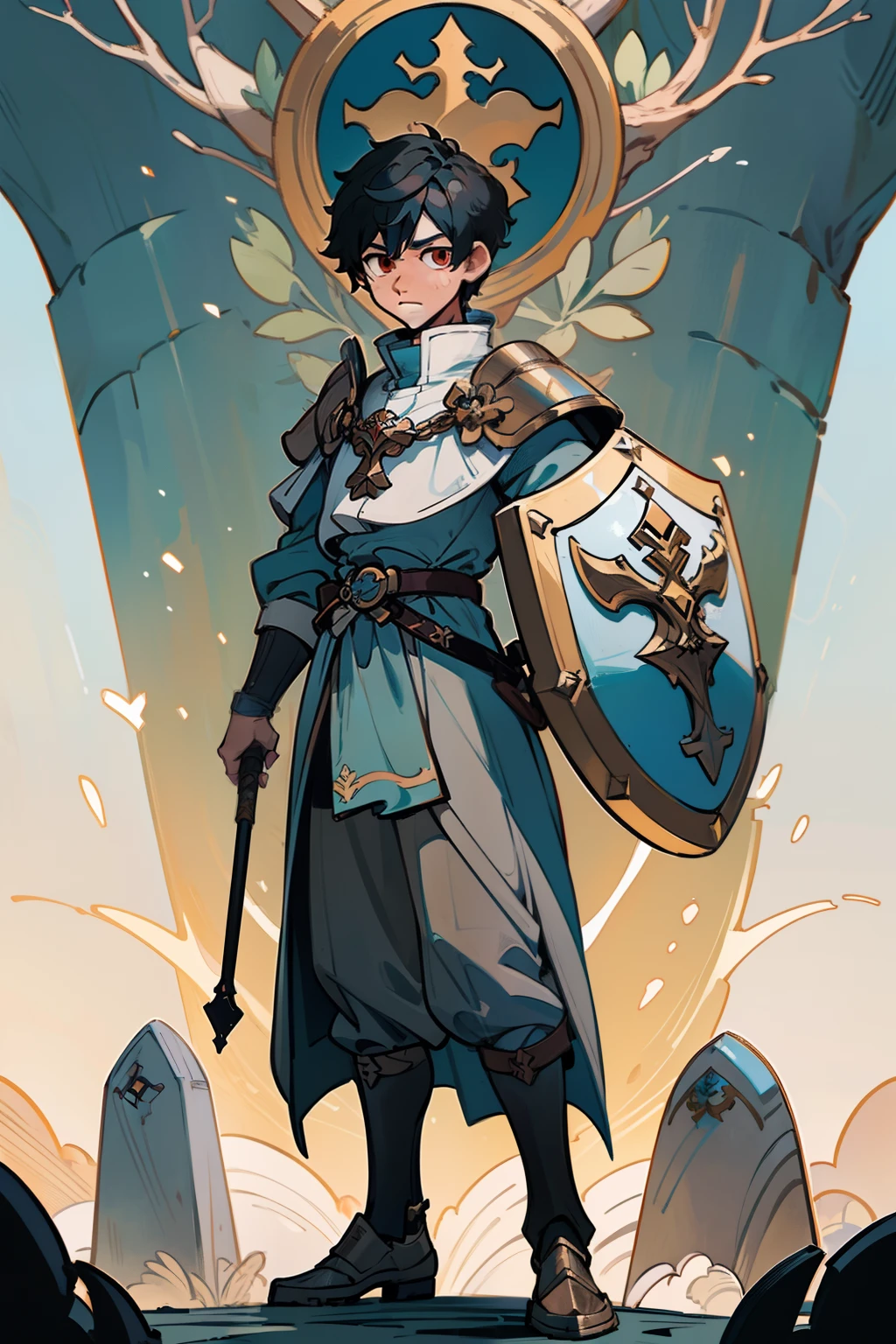 ((masterpiece - artwork - detailed - best quality)) - anime style - genshin impact style - 1 man - full body - male - black hair - brown eyes - cleric - medieval mass - hand - large shield - arm - tunic white - blue clothes - silver armor - golden ornaments - forest - standing - stone path - fence - stone - broken