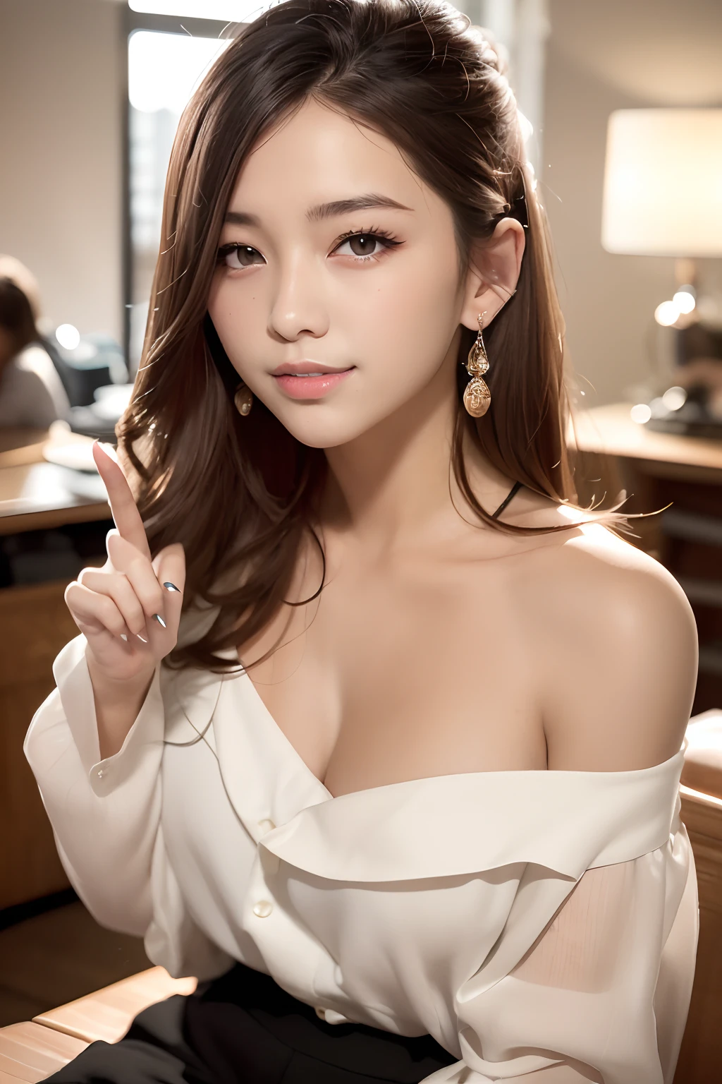(masutepiece:1.3), High resolution, ultra-detailliert, the Extremely Detailed CG Unity 8K Wallpapers, Realistic, Photorealsitic, Raw photo, beautifull detailed face, pale skin, realistic glistening skin, Detailed Cloth Texture, detailed hair texture, Perfect body, Beautiful face, acurate, Anatomically correct, Highly detailed face and skin texture, Natural neck length, (Beautiful hands), (Fair skin:1.2), thin legs, Thin feet,
BREAK,
Detailed eyes, symmetrical eye, Light brown eyes, Double eyelids, Thin eyebrows, (Glossy lips:1.4), ((grin:1.2)), (blush:1.1),
BREAK,
(Classy and cute girl:1.3), (Wearing classy off-the-shoulder (white) Blouse:1.2), (Orange flared skirt:1.2),
medium large breasts, (Slender figure:1.1), Firm abs, Beautiful collarbone,
(Dark blonde hair, Wavy Hair, Long hair:1.2), ((asymmetrical bangs:1.2)),
BREAK,
Sitting and rest times, (Pointing to the right hand:1.1),
(In a modern office in Japan), (upperbody shot:1.2), Looking at Viewer, (From Side:0.65),