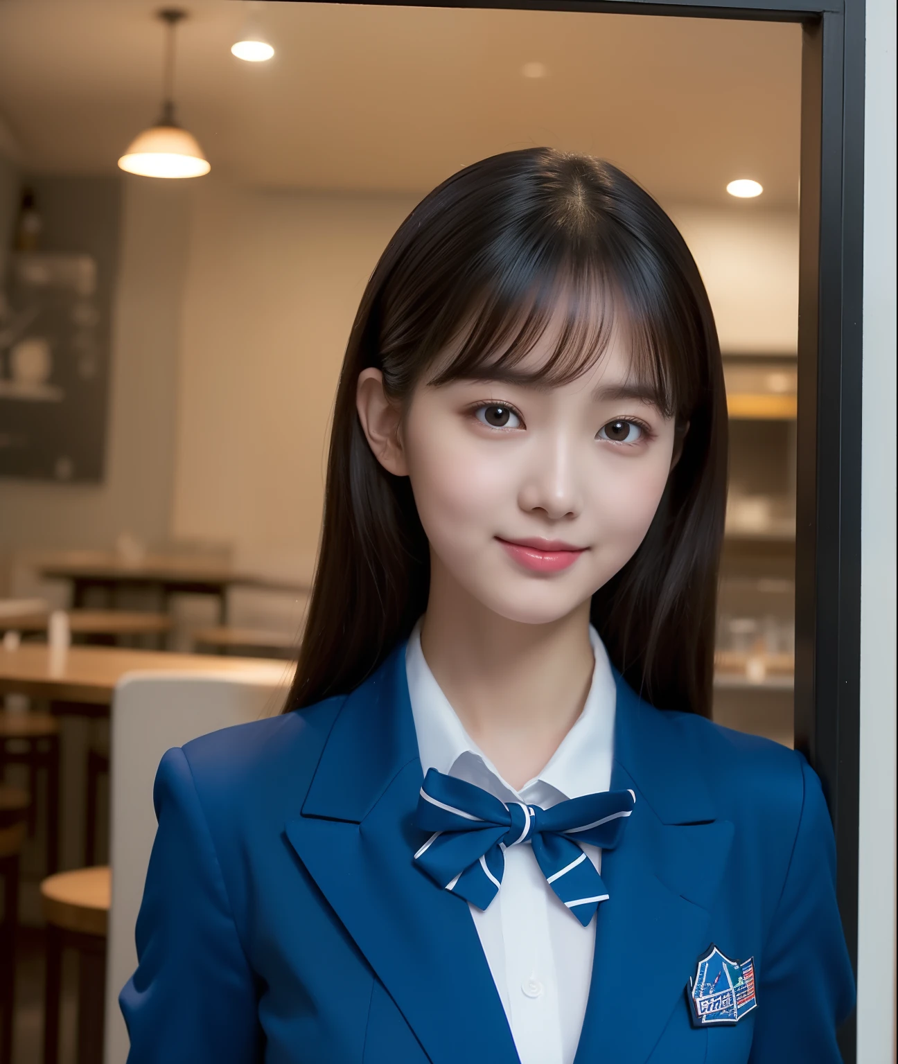((Best Quality, 8K, Masterpiece: 1.3)), a beauti, In addition, melon face, Friendly and cute, sweet smile, Pure desire, Slender body, (s whole body), (tilted head), ((looking at camera)), Medium Black Silky Straight Hair, Long flowing shoulders, round black big eyes, clear big eyes, moist red lips, Cafe shop background, ((full body shooting)), (Blue Blazer, bows, Sock, High School Uniform: 1.2, ), (Large breasts)