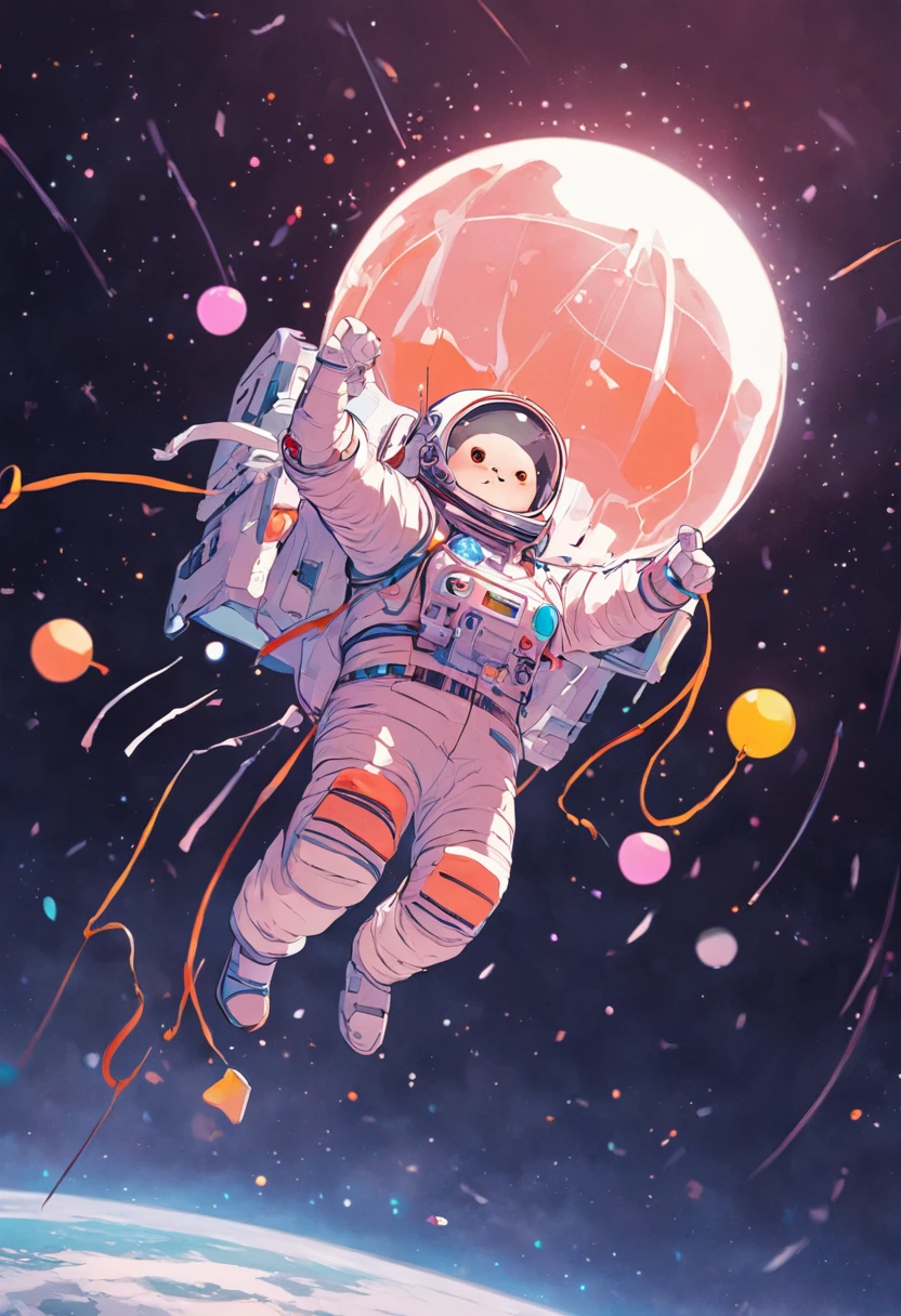 hyper detailed cat astronaut holding a balloon, flying through outter space, black background happy, joyful, floating in outer space, 3d, pop art effect, brilliant detail, black background, hex code colors 5ABCB9, 63E2C6, FB6376, 613F75, 0C6291
