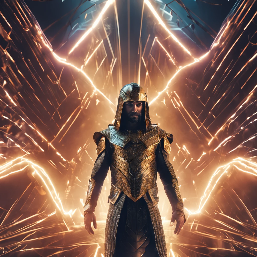 melhor qualidade, masterpiece, ultrahigh-resolution, (fotografia realista:1.4), Surrealismo, Semelhante a um sonho, FusionArt, Jesus Christ, Son of God in futuristic battle clothes, ascending to heaven as he looks into the camera, magia branca reluzente, Controle de luminosidade, passo da luz, Light spells, blade on display gleaming