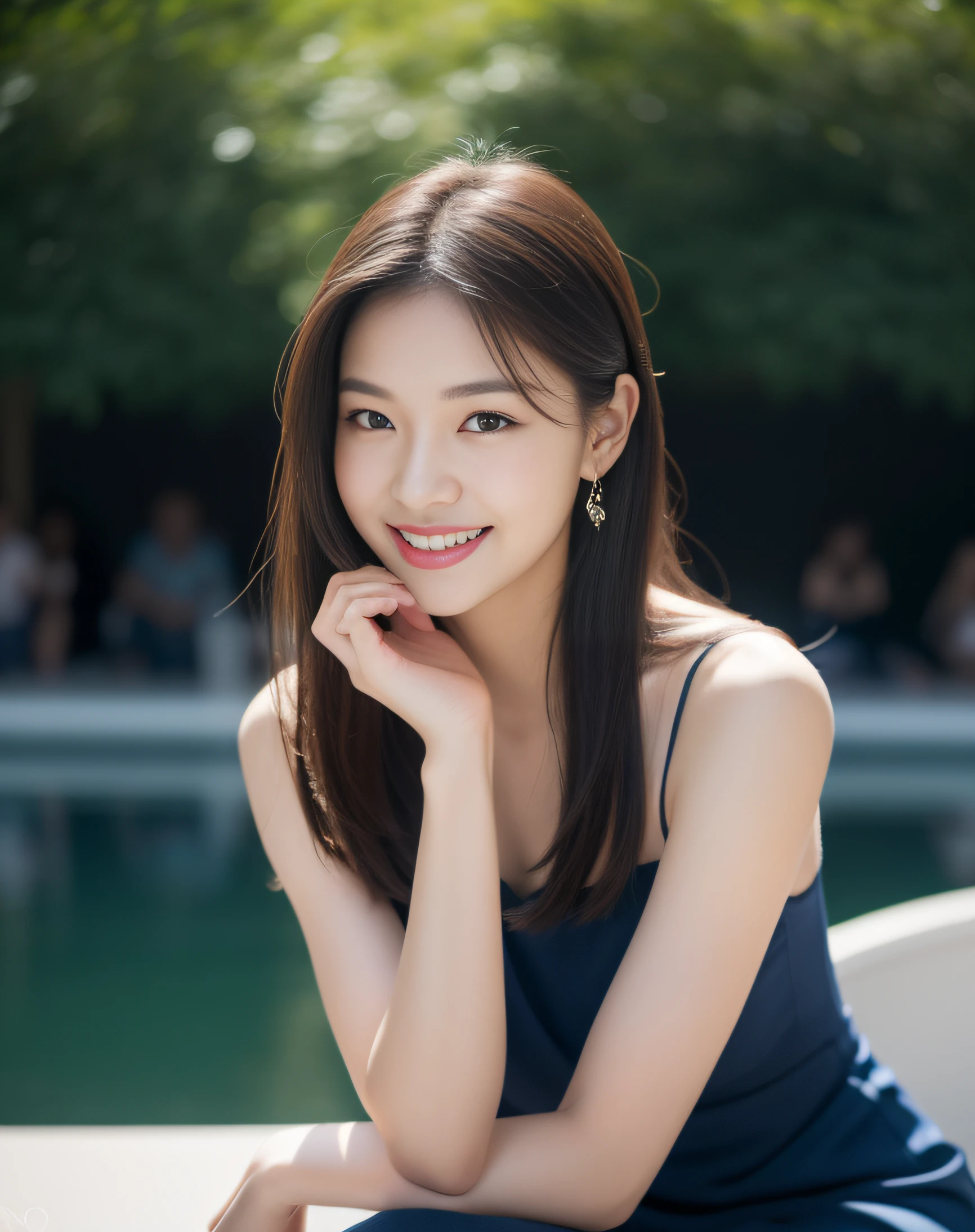 ((best quality, 8K, masterpiece: 1.3)), beautiful girl, pure, melon face, kind and cute, sweet smile, pure desire, slender body, (front), (tilted head), ((looking at camera) ), wearing a navy blue dress, long black silky hair, long flowing shoulders, closed eyes, moist red lips, sweet, sitting on the terrace, park background, (whole body),
