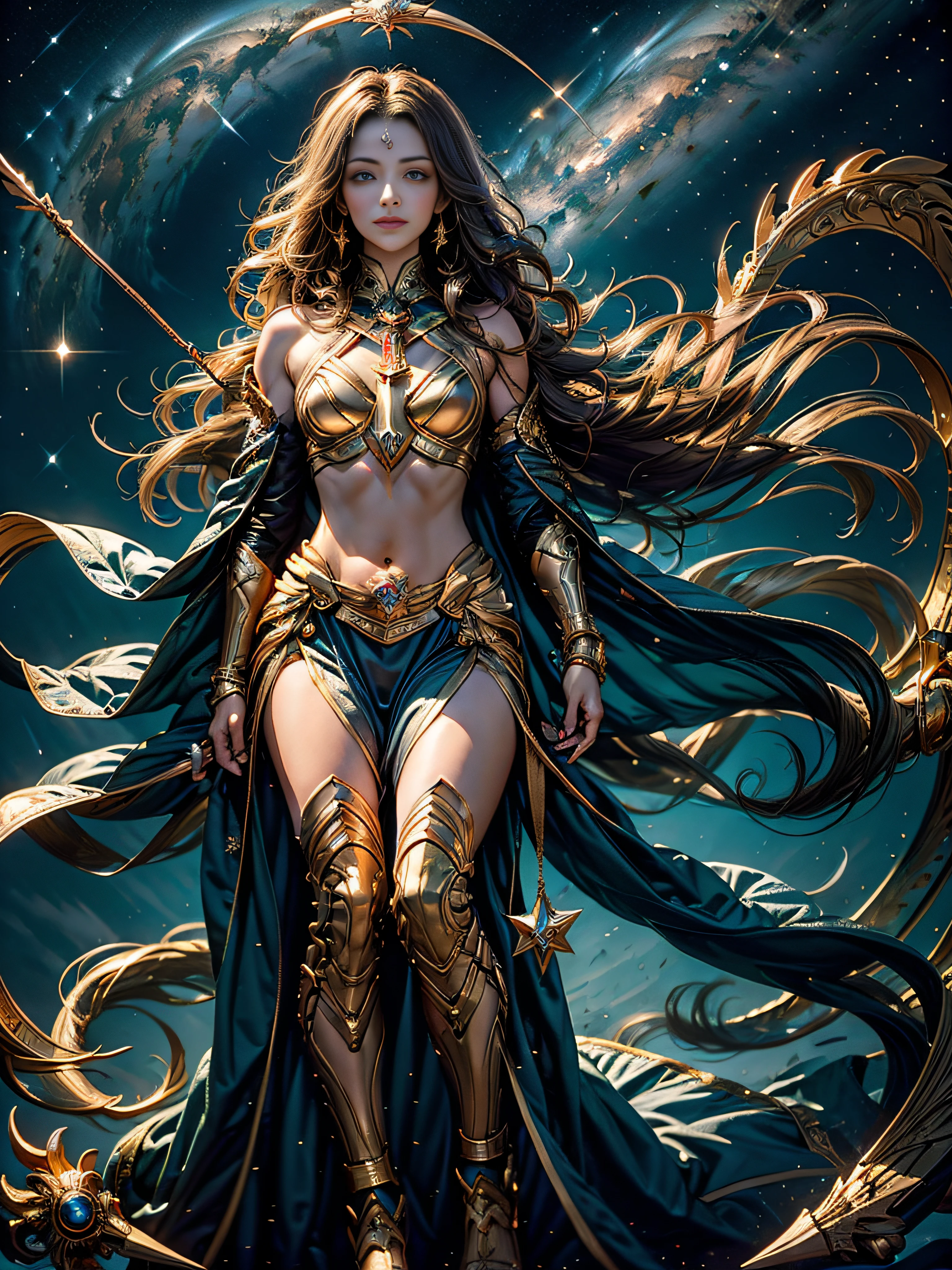 Sagittarius image,Magical golden Sagittarius astrolabe,Archer archer archer archery image in hand,(The upper body is the image of the human body, The lower body is the body image of a horse),((Charming Sagittarius female character:1.2),(Sagittarius symbol:1.1),starryskybackground,The stars twinkle,A sense of mystery,Cosmic elements,Majestic and deep atmosphere,Gorgeous decorative details,mesmerizing eyes,long hair flowing,starlight embellishment,dream colors)