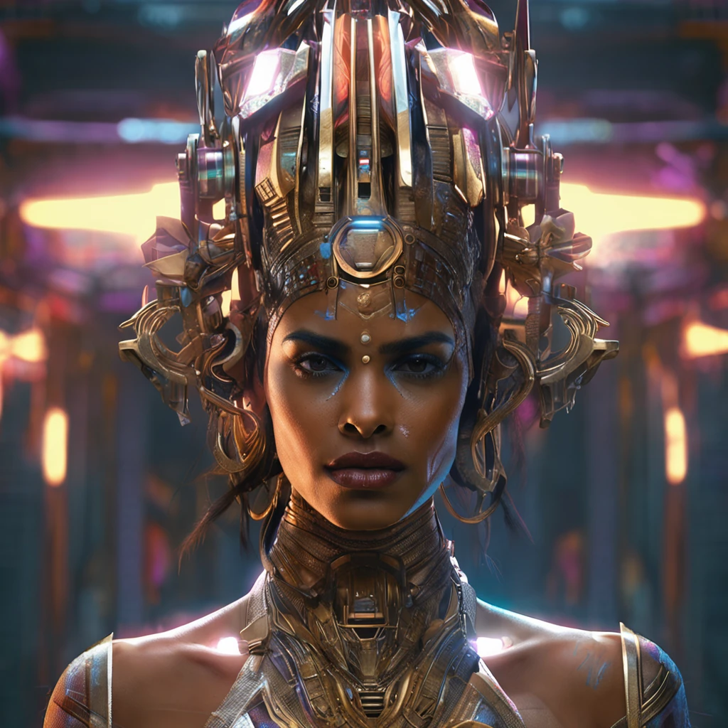 futuristic indigenous futurism,actress priyanka chopra as An advanced cybernetic cyborg indian Hindu goddesses of war, sensuality,artistic details,cyberpunk hindu mythology,epic sci-fi fantasy, centered,in the style of Nick Alm fantastical futuristic fantasy compositions, dark prism, dark, metallic compositions, symmetrical arrangements, cybernetic ethereal iridescent metallic colors , distinctive noses, ethereal,blood splatter colorful, eye-catching metallic compositions, symmetrical geometry, distinctive noses, gothic references, with a bold lines and streaks of black,white,red, gold and silver, fantasy sci-fi art, a detailed painting, ,Alex Alemany merge Karol Bak