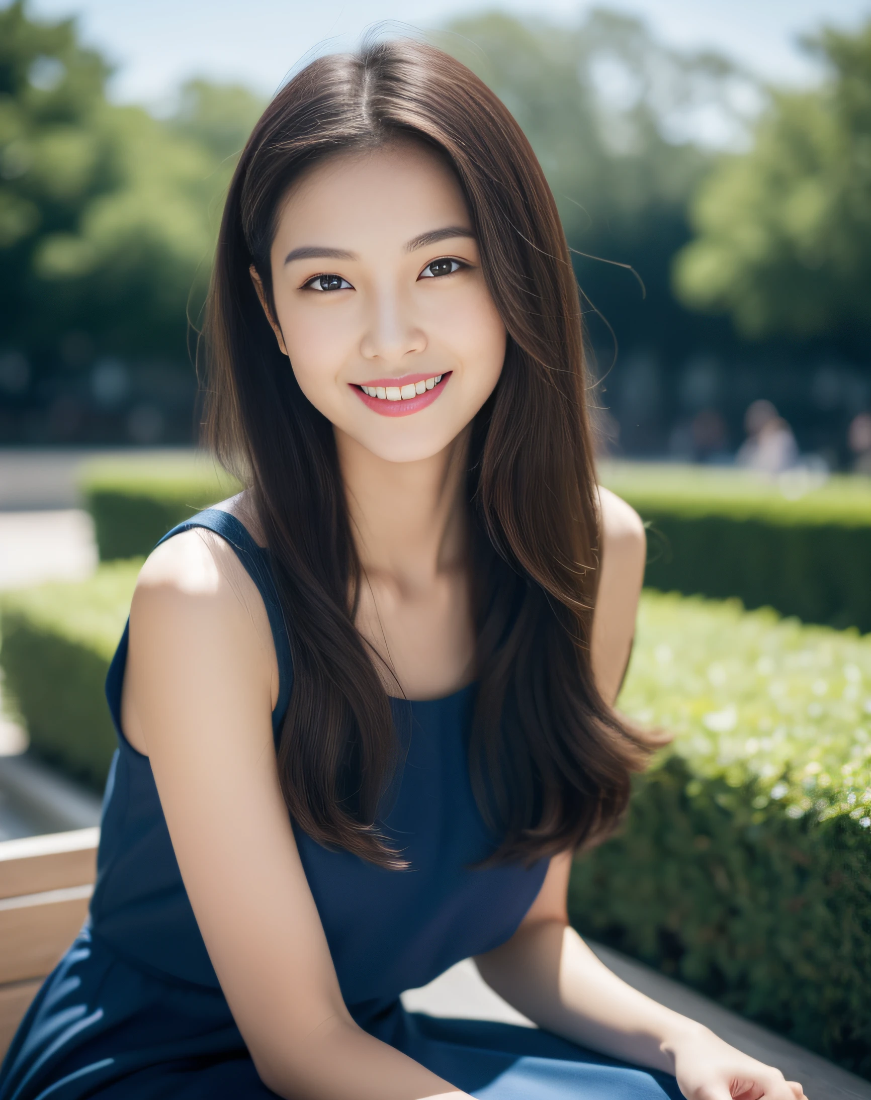 ((best quality, 8K, masterpiece: 1.3)), beautiful girl, pure, melon face, kind and cute, sweet smile, pure desire, slender body, (front), (tilted head), ((looking at camera) ), wearing a navy blue dress, long black silky hair, long flowing shoulders, closed eyes, moist red lips, sweet, sitting on the terrace, park background, (whole body),