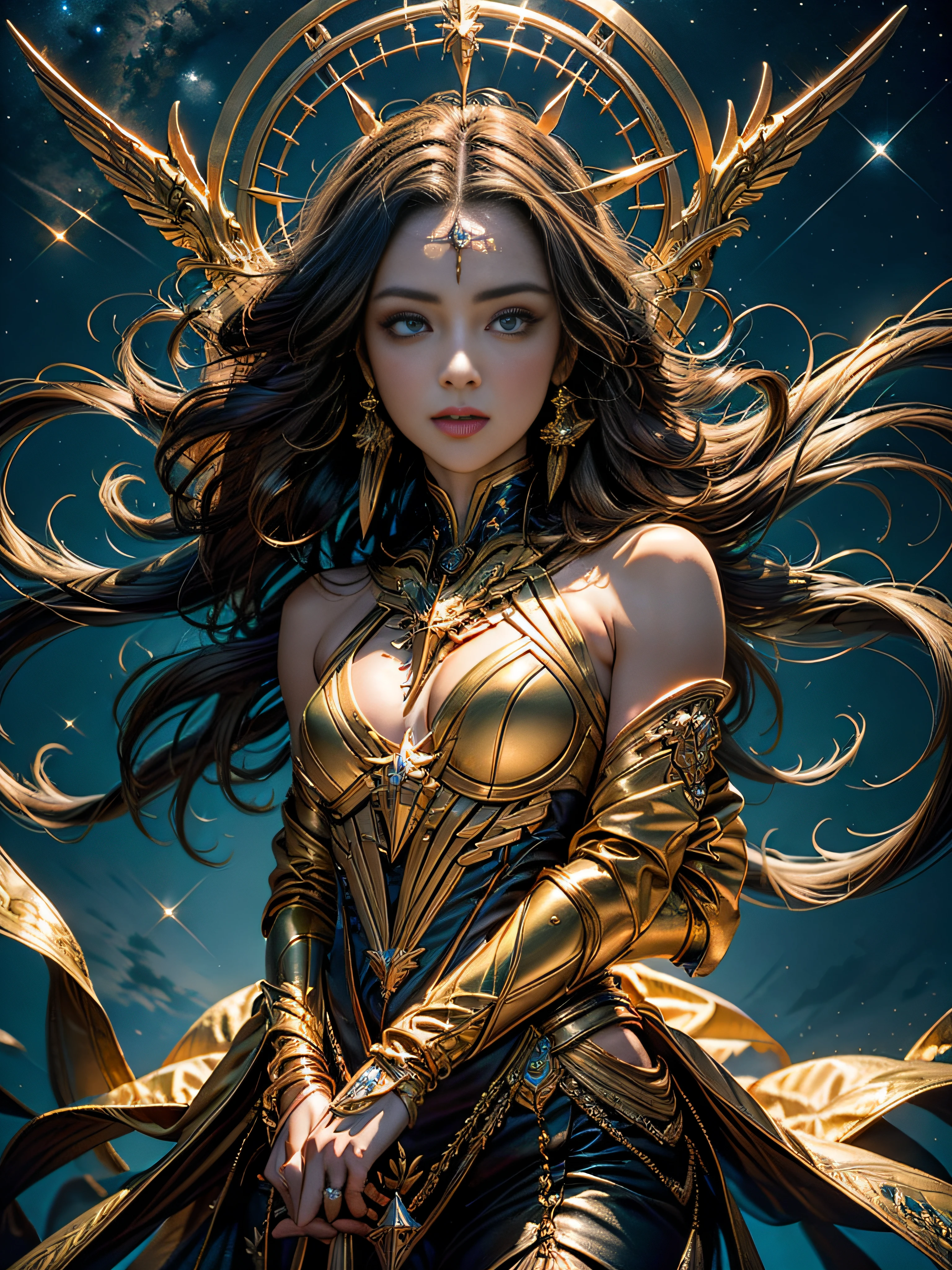Sagittarius image,Magical golden Sagittarius astrolabe,Archer archer archer archery image in hand,(The upper body is the image of the human body, The lower body is the body image of a horse),((Charming Sagittarius female character:1.2),(Sagittarius symbol:1.1),starryskybackground,The stars twinkle,A sense of mystery,Cosmic elements,Majestic and deep atmosphere,Gorgeous decorative details,mesmerizing eyes,long hair flowing,starlight embellishment,dream colors)