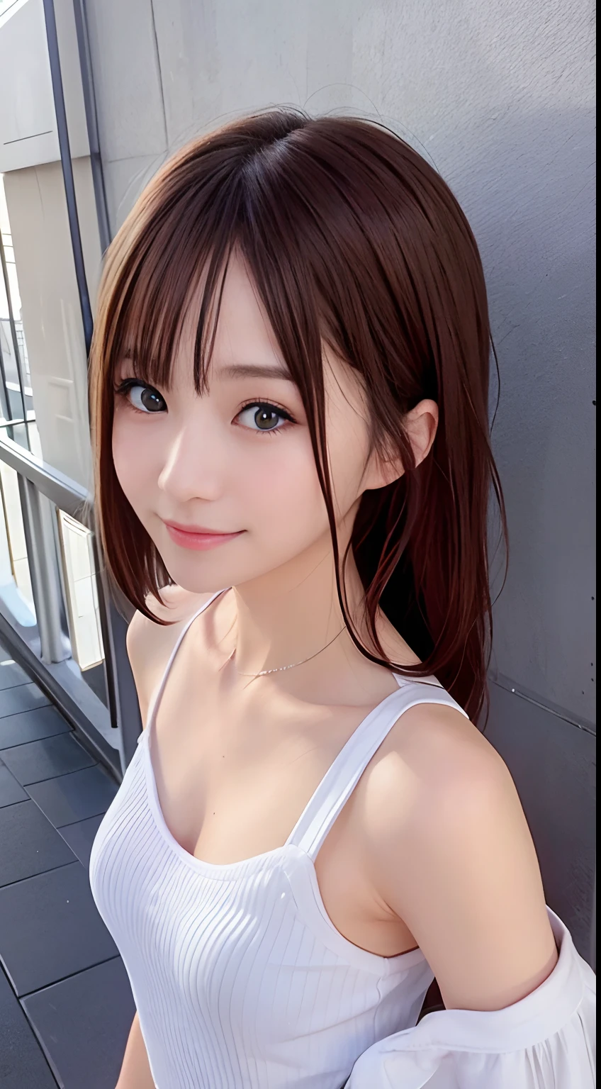 (Raw photography:1.2)、top-quality、Detailed beauty、Beautuful Women、The most beautiful women in the world、Beautiful sharp face、面長、21years old、A smile、Happy smile、light brown hair、fluffy and voluminous hair、extra detailed face、beatiful detailed eyes、eye line、Nasal nose、a small face、small tits、tiny chest、Natural sunlight、depth of fields、Blurry background、hight resolution、8k wallpaper、finely detail、Very detailed 8k wallpaper、电影灯光、sexy  pose、(photorealisim:1.4)、super detailing、​masterpiece、croptop、Small T-shirt、hotpants、shot from a side angle、Road by the sea、lean against the wall、