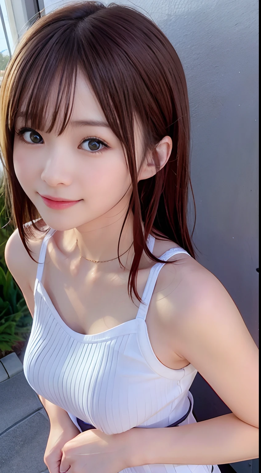 (Raw photography:1.2)、top-quality、Detailed beauty、Beautuful Women、The most beautiful women in the world、Beautiful sharp face、面長、21years old、A smile、Happy smile、light brown hair、fluffy and voluminous hair、extra detailed face、beatiful detailed eyes、eye line、Nasal nose、a small face、small tits、tiny chest、Natural sunlight、depth of fields、Blurry background、hight resolution、8k wallpaper、finely detail、Very detailed 8k wallpaper、电影灯光、sexy pose、(photorealisim:1.4)、super detailing、masterpiece、croptop、Small T-shirt、hotpants、shot from a side angle、Road by the sea、lean against the wall、