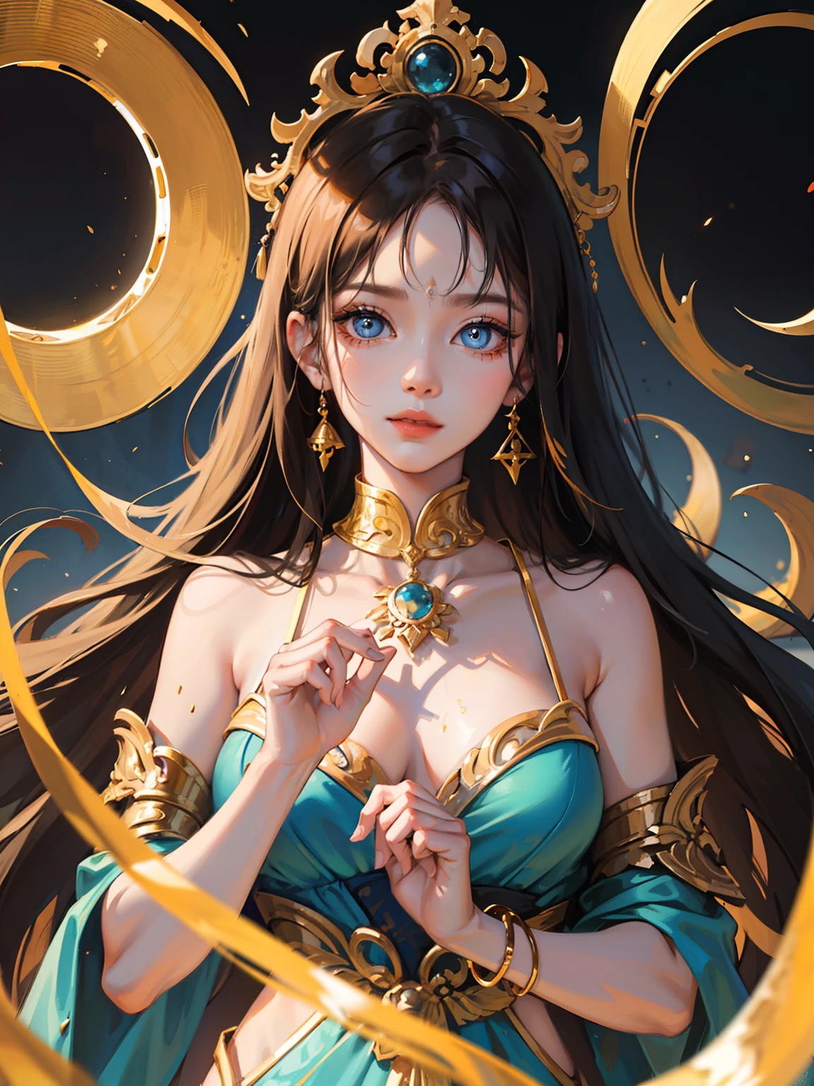 A Buddhist Bodhisattva Girl, (Masterpiece, Top Quality, Best Quality, Official Art), (KPOP idol), Delicate Jewelry, Delicate Bracelet, Delicate Hair Ornament, High Feeling, Aperture on the Back, Bodhisattva, Immortal Fluttering, Looking Up View, Barefoot, Golden Bracelet on Ankle, Ancient Chinese Costumes, Gorgeous Silk, Flowing Tulle, Dazzling Background, Golden Aperture in the Back, Gold Falun in the Back, Best Light, Best Shadow, Movie Lighting, Mystery, Background pure black with ring-shaped aperture, ultra HD, 8k, fair skin, Wolp_style, duhuang_style, upper body close-up, detailed face, professional classical dance movements, people floating in the air, (sideways: 1.5), 28 years old, 1girl, well-dressed, super long clothes, black hole background, in a temple in Thailand, one leg on the ground, left hand to do Buddha hand on chest, other raised above head to do Buddha hand, surreal, photo, realistic, surfacing from a clear pool, (wet: 2.0), (wet hair: 1.5), medium chest, 48KG weight, smooth skin, light blue pupils, detailed eye painting