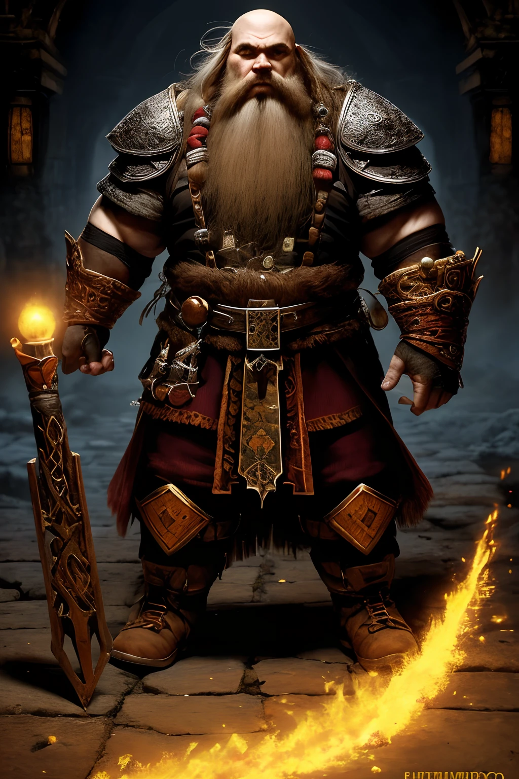 Gimli, feroz guerreiro,  Lord of the Rings, Cartoon, estilo rpg, mago,Orange and Red Electric Lights Portions jars on bottom, Textura 3D,