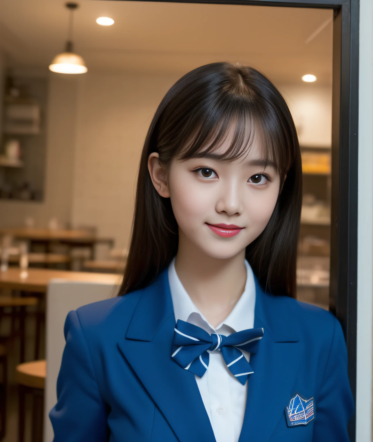 ((Best Quality, 8K, Masterpiece: 1.3)), a beauti, In addition, melon face, Friendly and cute, sweet smile, Pure desire, Slender body, (s whole body), (tilted head), ((looking at camera)), Medium Black Silky Straight Hair, Long flowing shoulders, round black big eyes, clear big eyes, moist red lips, Cafe shop background, ((full body shooting)), (Blue Blazer, bows, Sock, High School Uniform: 1.2, ), (Large breasts)