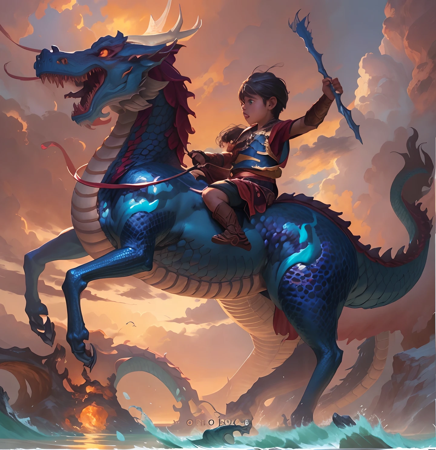 Close-up of a child riding a dragon on the beach, Dragon Rider, epic fantasy digital art style, Dragon Ride, by Yang J, Rob Ray, epic fantasy art style, Epic Fantasy Illustration, By Jeremy Chong, tithi luadthong, Ross Tran and Michael Whelan, fantasy art behance, by Bayard Wu, by Ryan Yee