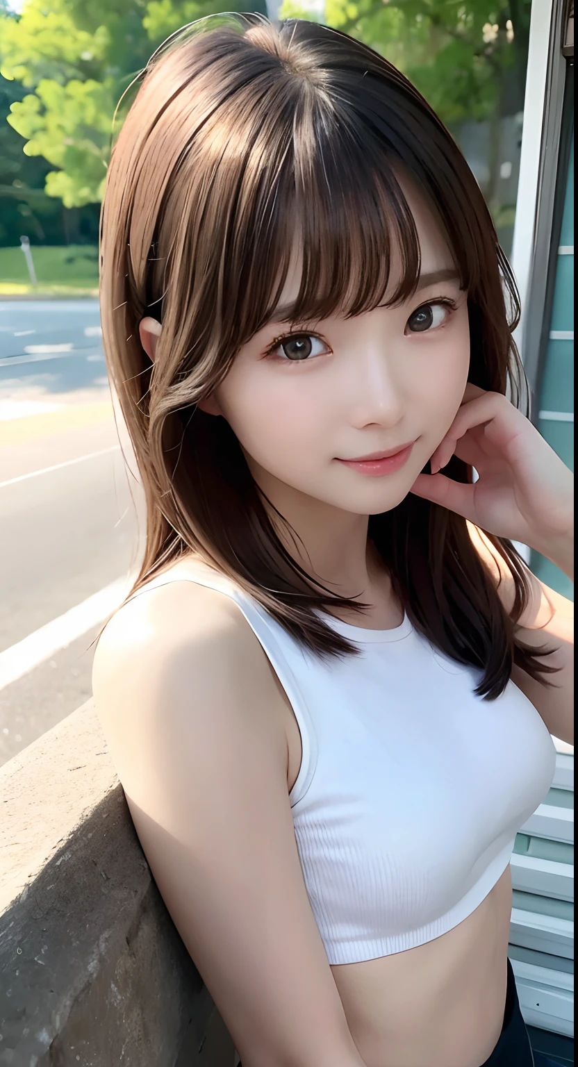 (Raw photography:1.2)、top-quality、Detailed beauty、Beautuful Women、The most beautiful women in the world、Beautiful sharp face、面長、21years old、A smile、Happy smile、light brown hair、fluffy and voluminous hair、extra detailed face、beatiful detailed eyes、eye line、Nasal nose、a small face、small tits、tiny chest、Natural sunlight、depth of fields、Blurry background、hight resolution、8k wallpaper、finely detail、Very detailed 8k wallpaper、电影灯光、sexy  pose、(photorealisim:1.4)、super detailing、​masterpiece、croptop、Small T-shirt、hotpants、shot from a side angle、Road by the sea、lean against the wall、