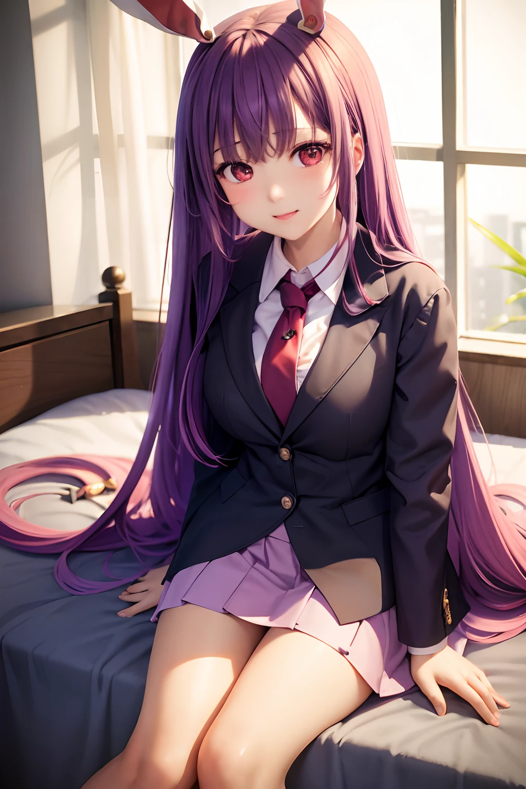 ​masterpiece, top-quality, 1girl in,Reisen Udon Giyin Inaba, Purple hair,Very long hair, rabbitears, red eyes, Black jacket, Open jacket,neck tie,white  shirt,Pink skirt,Lying on your back on the bed,Colossal tits、Happy face、Kawaii、Enchanted Girl
