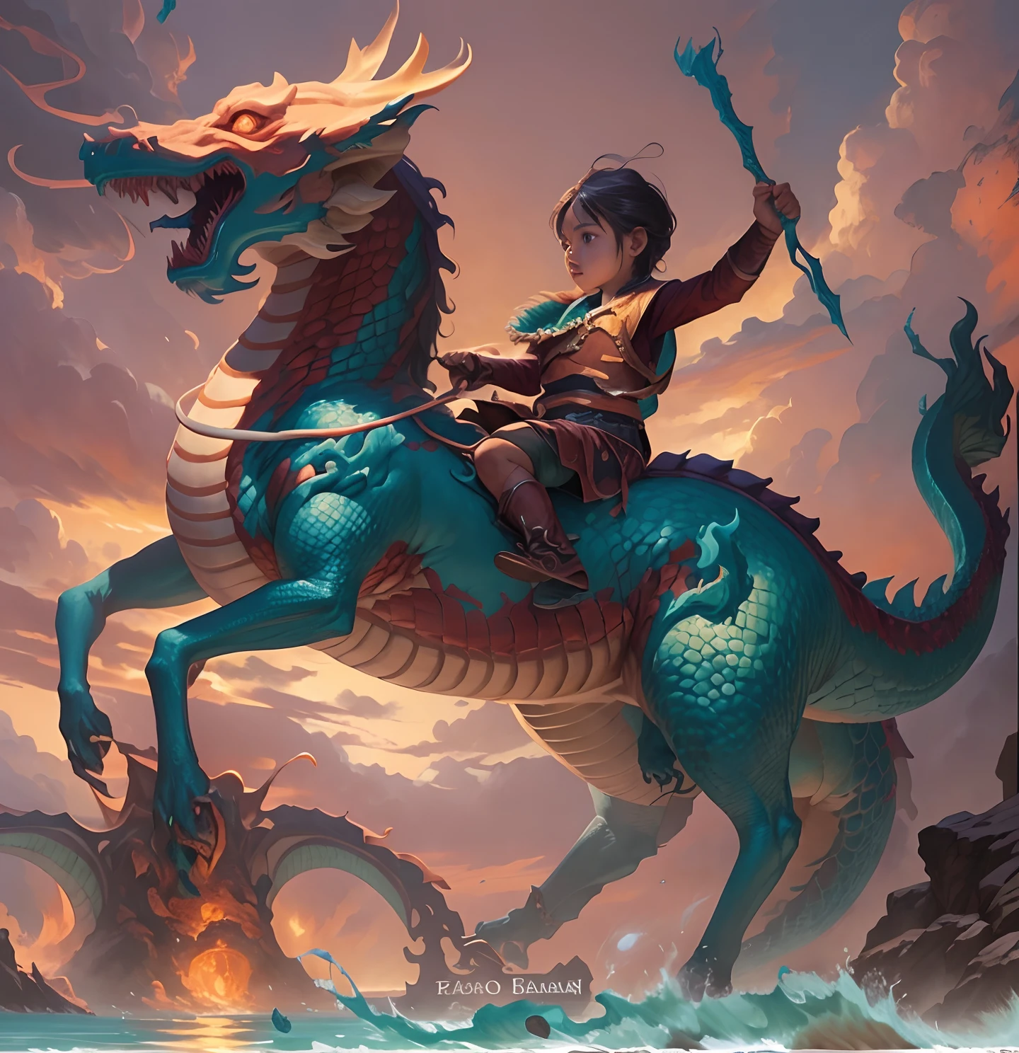 Close-up of a child riding a dragon on the beach, Dragon Rider, epic fantasy digital art style, Dragon Ride, by Yang J, Rob Ray, epic fantasy art style, Epic Fantasy Illustration, By Jeremy Chong, tithi luadthong, Ross Tran and Michael Whelan, fantasy art behance, by Bayard Wu, by Ryan Yee