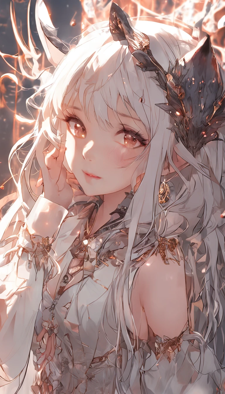 Two age girls,Cat demon,(Cat ears),(Beautiful feet), (Beautiful fingers),long whitr hair,glowing light eyes,glowing hairs, (Ultra-detailed hand close-up), ((Detailed close-up of the face)), (Light silk), (Glazed tulle),(Subtle warm light), (Extremely colorful), Movie special effects, Lazy,sexy for,(Blood),Freehand masterpiece, (full bodyesbian),ultra - detailed, Epic composition, high qulity, HighestQuali, 4K