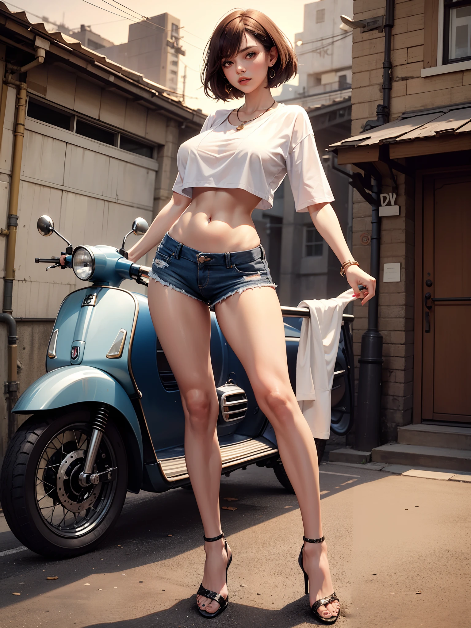 Best quality, full body portrait, delicate face, red short hair, pony tail, forehead, 18 year old girl, slim figure, huge bust, oversized crop top T-shirt, ((under boobs:1.4)), leaning forward, crotch gap, cameltoe, low waist shorts, seen string of bikini bottoms, sunset bridge, vintage vespa behind, scene, standing tall, long leg , necklace, rings, earrings, bracelet, watch, open legs, araffe woman walking down the street with a red purse, good hips and long legs, on the street, on the street, gorgeous young korean woman, bra and shorts streetwear, korean women's fashion model, sexy look, gorgeous chinese model, fashion model, at a city street, in front of a garage, sexy girl wearing shorts, in the street, casual pose