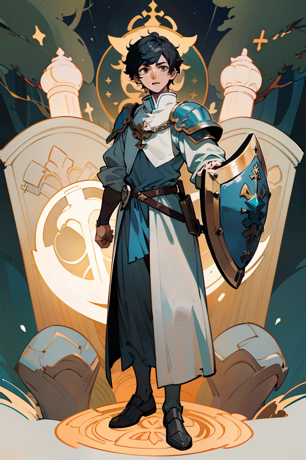 ((masterpiece - artwork - detailed - best quality)) - anime style - genshin impact style - 1 man - full body - male - black hair - brown eyes - cleric - medieval mass - hand - large shield - arm - tunic white - blue clothes - silver armor - golden ornaments - forest - standing - stone path - fence - stone - broken