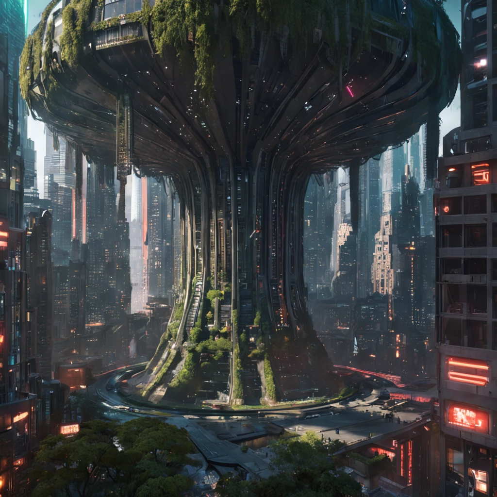 Cyberpunk city with tree building, detailed digital concept art, futurism environmental concept art, high quality digital sci-fi concept art, beautiful 3 d concept art Hollywood, award winning concept artist, concept art wallpaper 4k, fantasy digital painting, cyberpunk,bastien grivet, ross tran. Sci-fi background, concept art |weta Art's  beautiful concept art. Sony mirrorless camera shot ,