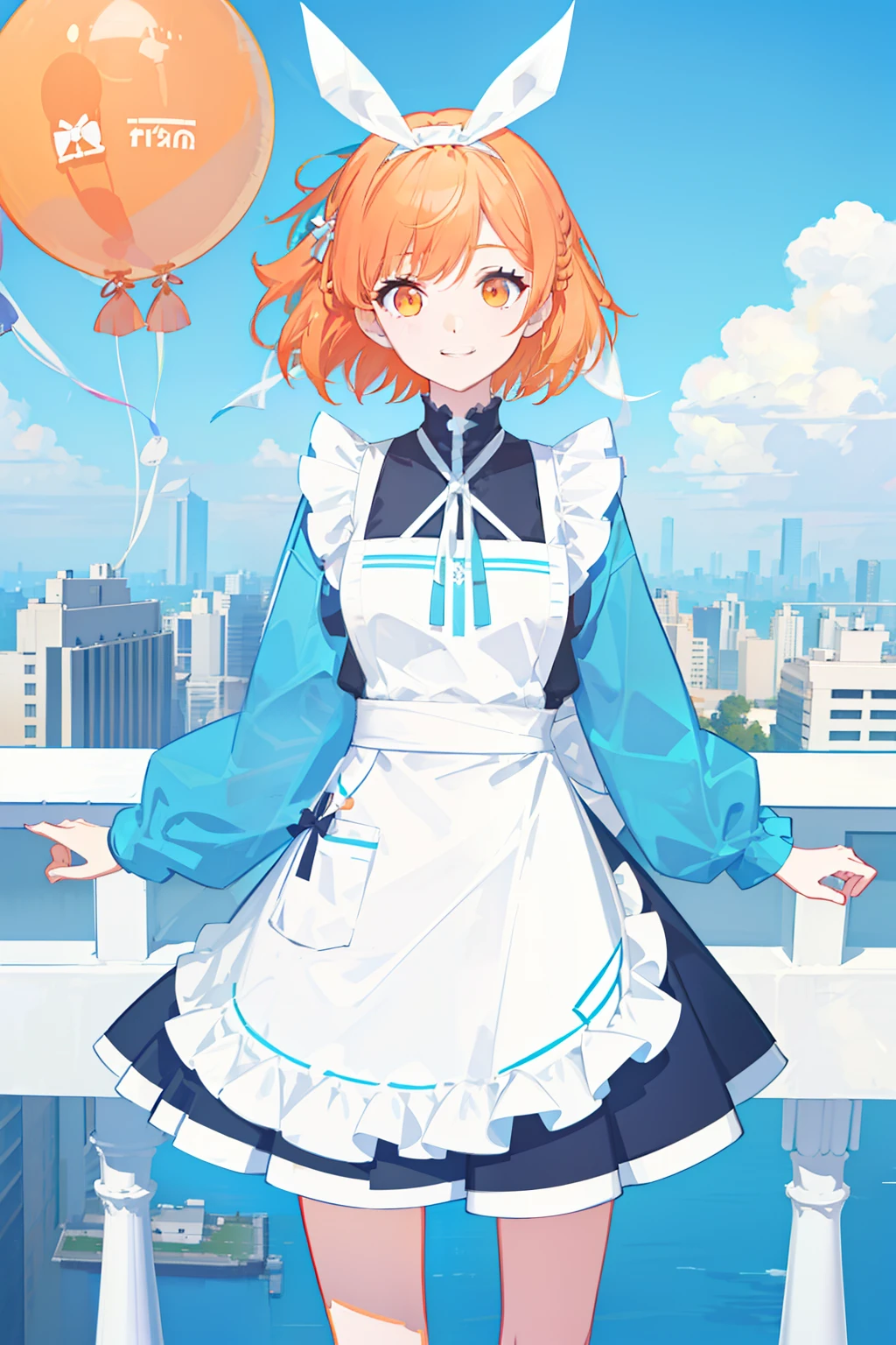 masterpiece, best quality, 1girl, solo, ((orange hair)), short hair, shoulder-length hair, straight hair, ((orange eyes)), round eyes,, (((cyan apron dress))), ((long sleeves)), knee-length dress, frills, ((((white ribbon hair band)))), On the roof of a building, leaning against the fence on the roof, (with one's arms resting on the railing), overlooking the road, as close as it might fall in the noon, blue sky, clear sky, ((full of balloons in the air)), laughing, smiling, seeing a viewer, ((detail face))
