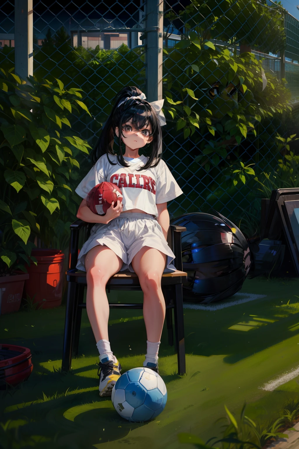 1Blittle girl, for 6 years old,full-figure, With a ponytail,ccurateblack hair,Black eyes, Beautiful face,Next to the football field,(Highly detailed, High quality, Masterpiece)