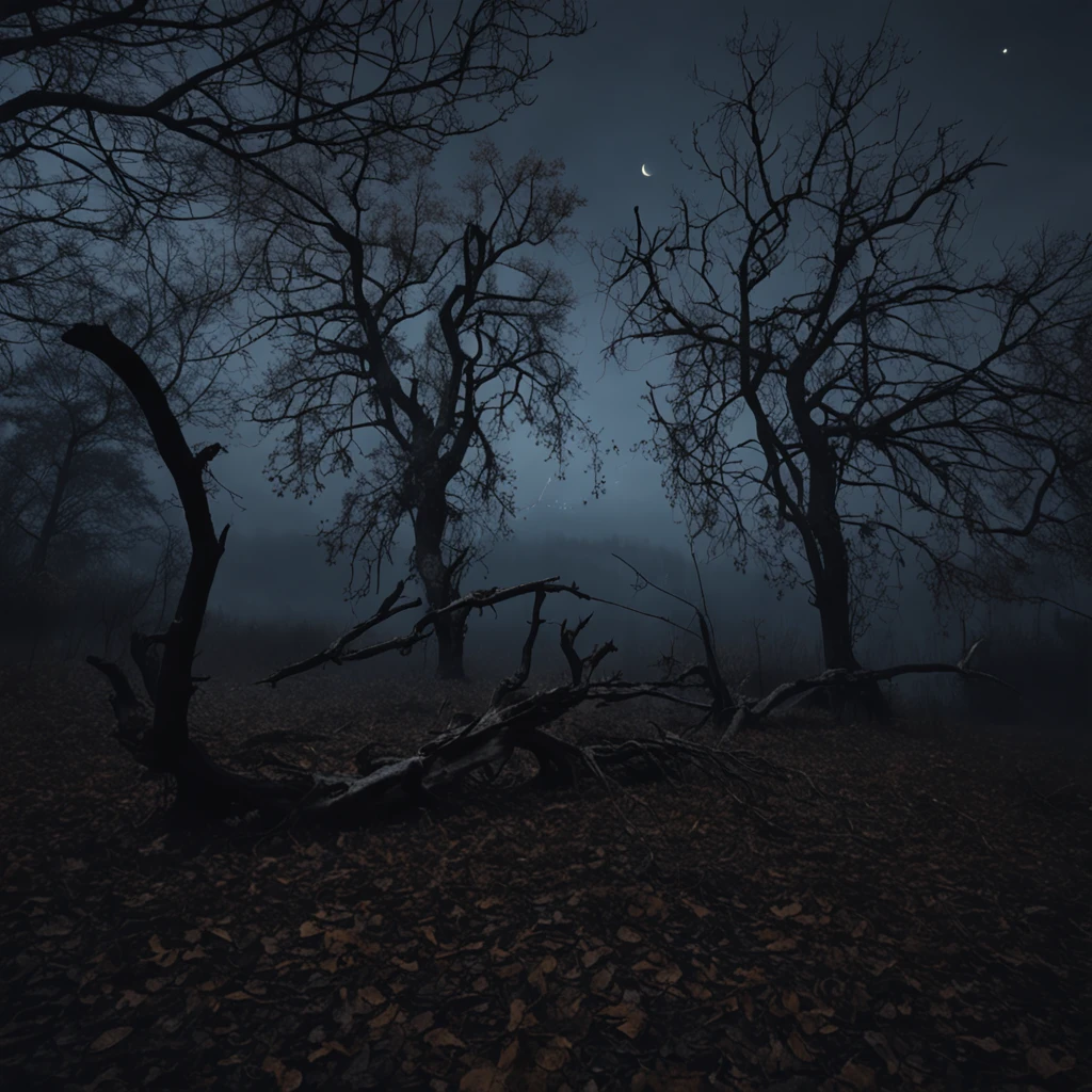 Magnificent view，Autumn Night Moonlight Forest Edge Landscape Photography Professional high quality nature digital photography，Two crows on a dead tree, Starry night, Thick fog on the ground,Spring bushes in the moonlight at night，precipice，Eau，foggy sky，Nightmare vision， Dark fantasy plot，Perfect and excellent composition，8K分辨率，the detail，limitations，wide - angle shot，background inside dark，Jack Guzman's environmental art photography