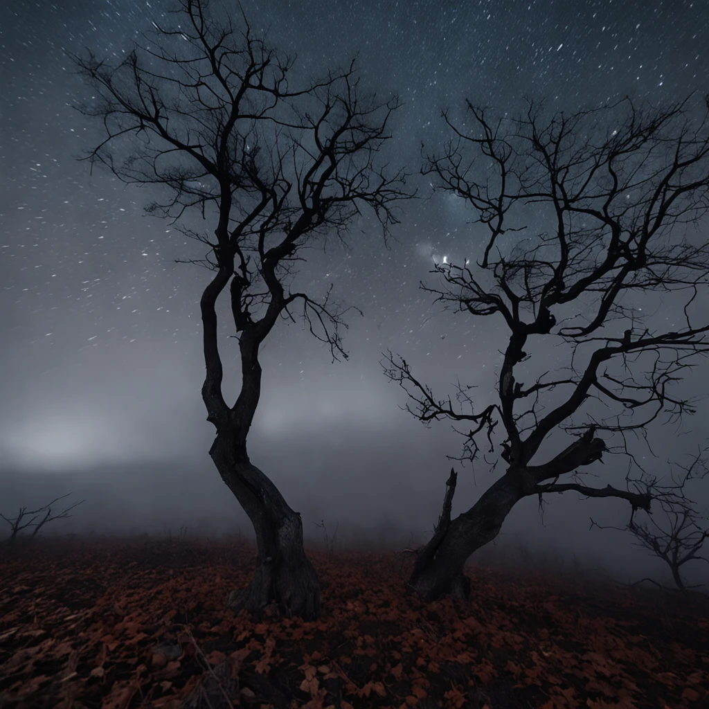 Magnificent view，Autumn Night Moonlight Forest Edge Landscape Photography Professional high quality nature digital photography，Two crows on a dead tree, Starry night, Thick fog on the ground,Spring bushes in the moonlight at night，precipice，Eau，foggy sky，Nightmare vision， Dark fantasy plot，Perfect and excellent composition，8K分辨率，the detail，limitations，wide - angle shot，background inside dark，Jack Guzman's environmental art photography