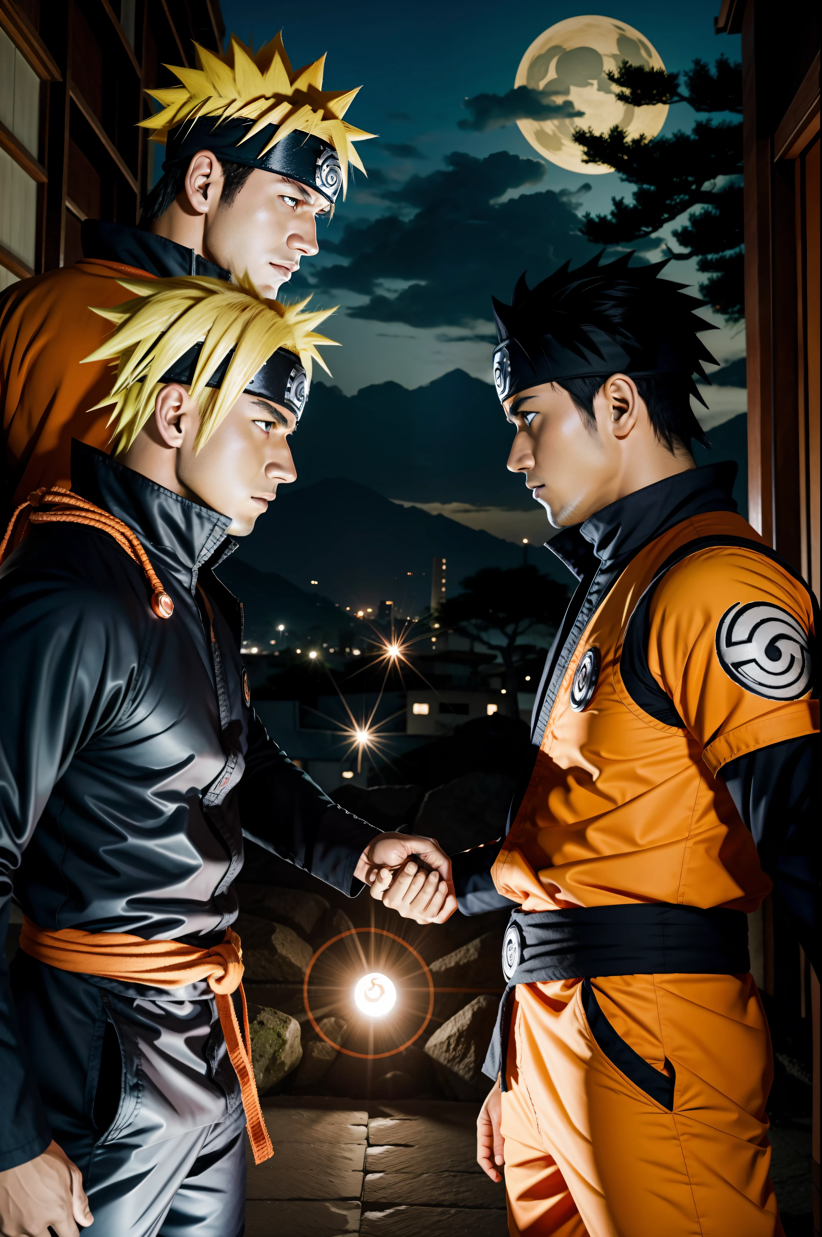 Naruto, junto com seu amigo Jiraya, treinando Rasengan na vila da folha.